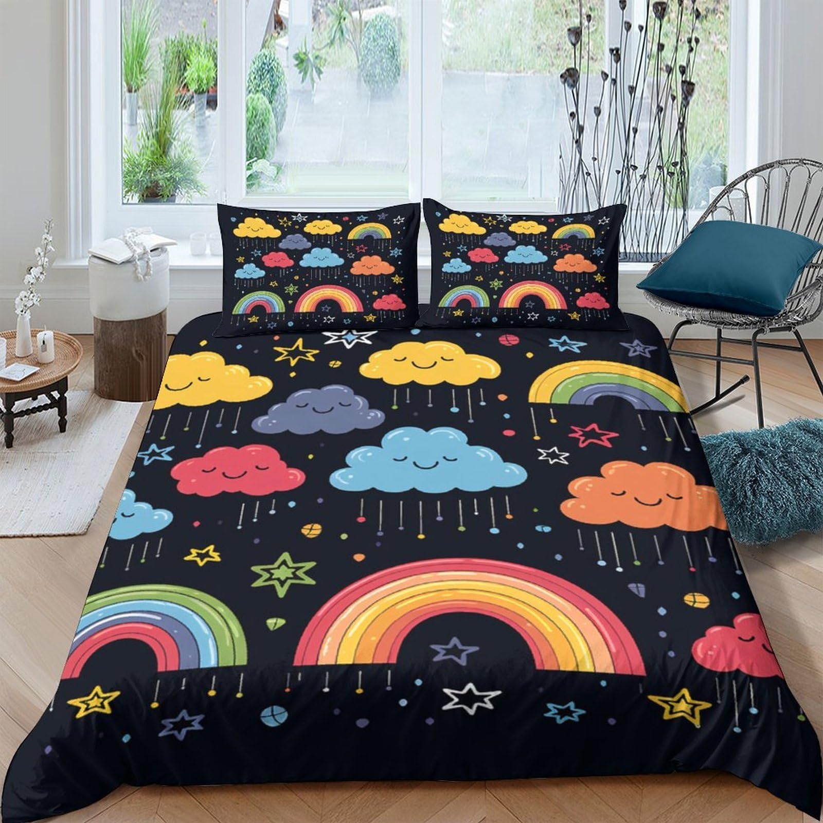 Ctjqhvkz Style-6 3D Printed Rainbow Clouds Fitted Sheet Microfiber Soft Colorful Stars Bed Cover For Bedroom Dorm Decor Single（135X200cm）