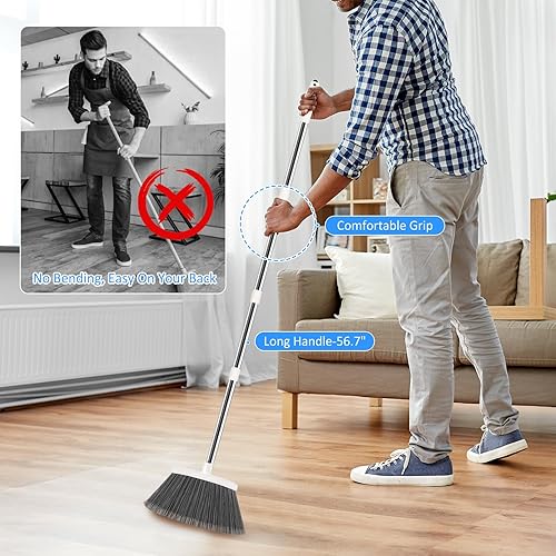 Miniatura 6 de Escoba vertical extragrande mejorada de 56.7 pulgadas de largo, cerdas blancas con flores para limpieza mejorada en interiores y exteriores, mango