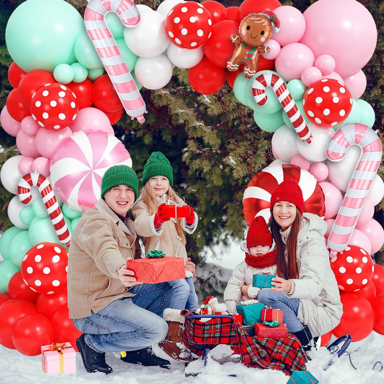 Christmas Balloons Arch Xmas 132PCS Red Pink Green White Balloon for Gingerbread Party Decorations with Cane Foil Balloons Lollipop Candy Balloon New Year Cookie Exchange Decor - Image 3