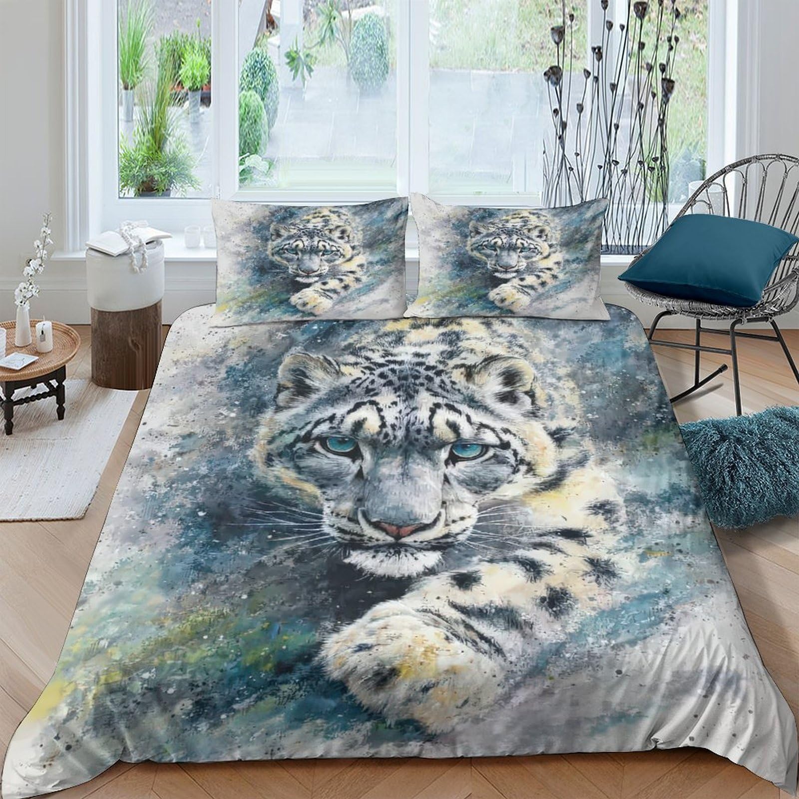 GPLZQXKJNH 3D Printed Snow Leopard Duvet Cover Microfiber Soft Breathable Mountain Forest Bedding Set with 2 Pillowcases for Bedroom Decor Single（135x200cm）