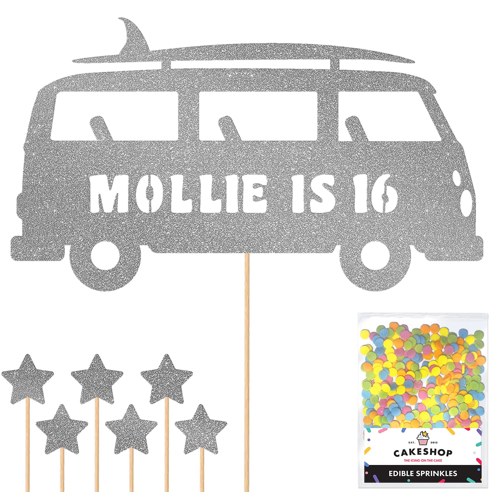 Personalised 60's Camper Surfer Glitter Cake Topper Dk Silver Any Custom Age & Name Glitter Cake Decoration and Sprinkles - Happy Birthday Decorations - Personalised Toppers for Cakes by Cakeshop — image 1