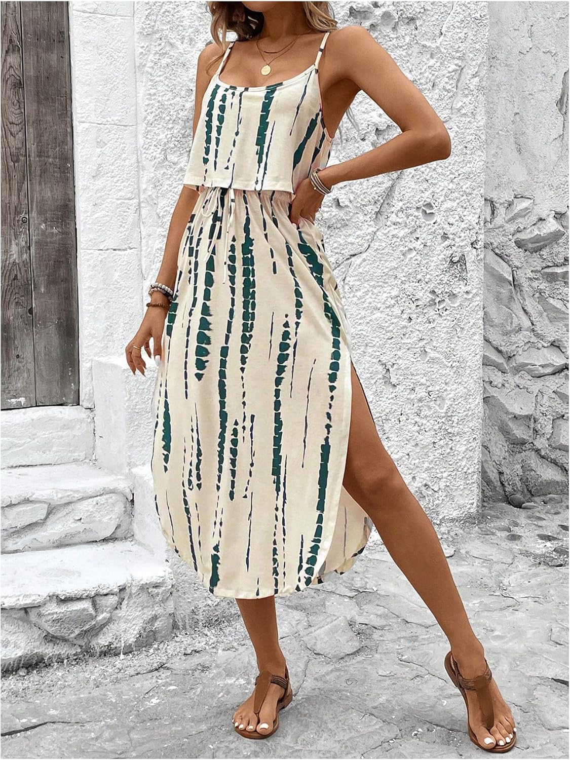 Women's Spaghetti Strap Tie Dye Cami Sun Dress Scoop Neck Split Thigh Beach Midi Dresses Knot Front Vacation Outfit - Image 4