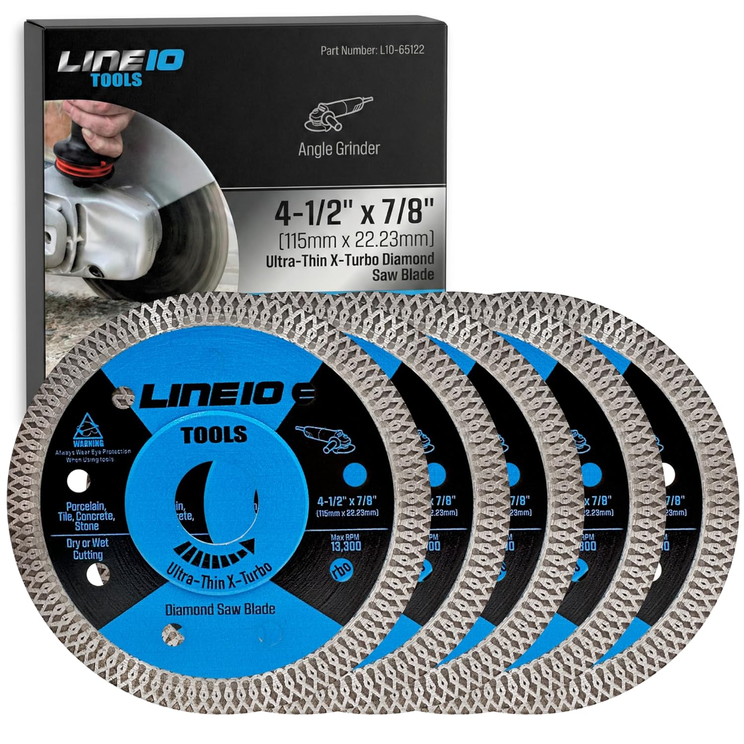 LINE10 Tools 5pk 4.5 Inch Diamond Saw Blades for Angle Grinder - Ultra Thin Tile Cutting Wheel Ceramic Blade - Professional Porcelain Tile Cutter Tool X-Turbo Rim for Granite Stone Masonry Wet Dry Cut
