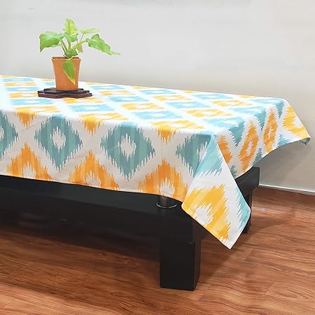 STITCHNEST Ikat Yellow Teal Printed Cotton Canvas Table Cover (40x60 Inches)