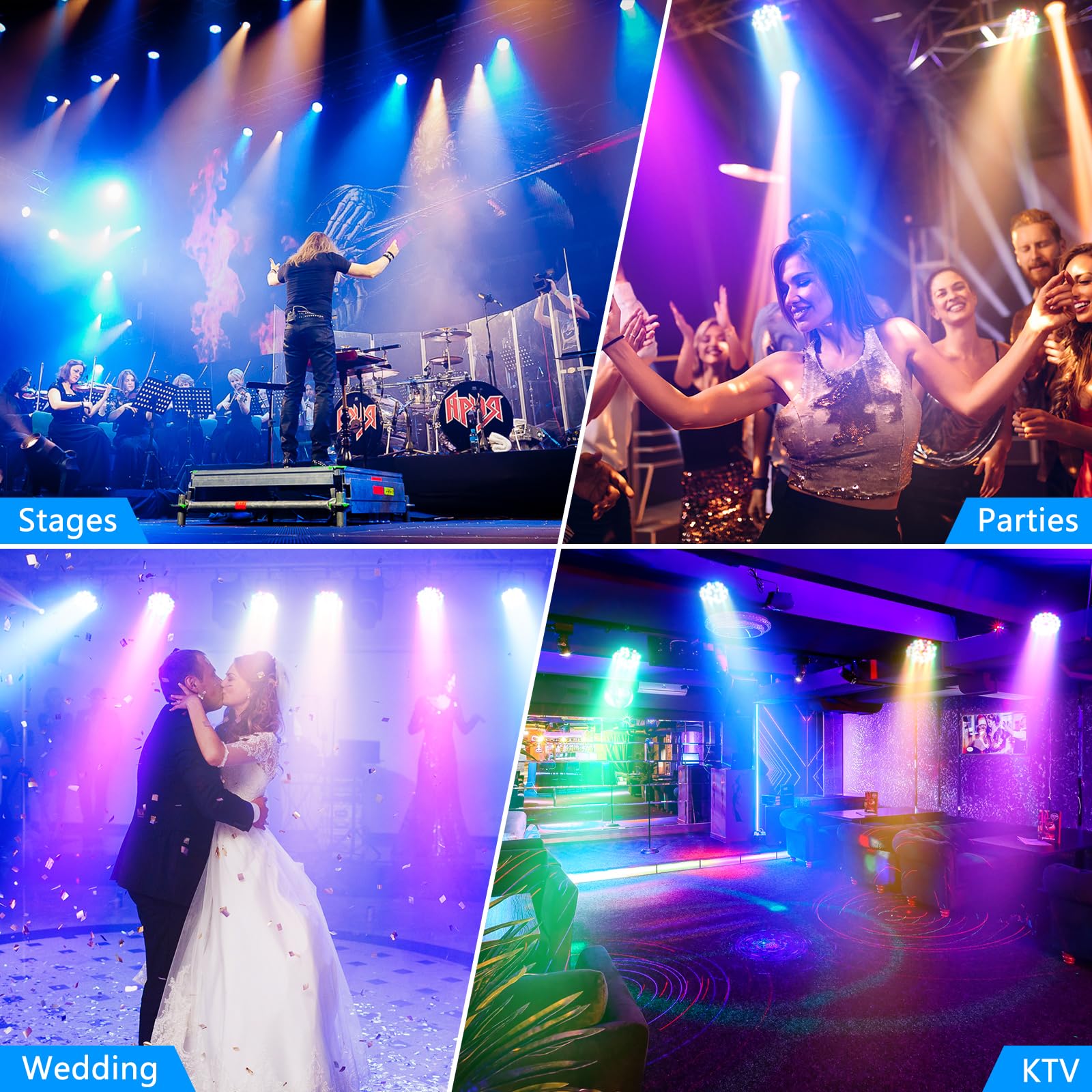 4PCS RGB Focos Par LED, 36W Luz de Escenario con Control Remoto y 4 Modos de Control, Luces Discoteca para DJ Bar Boda Espectáculo Conciertos Fiesta Navidad Halloween