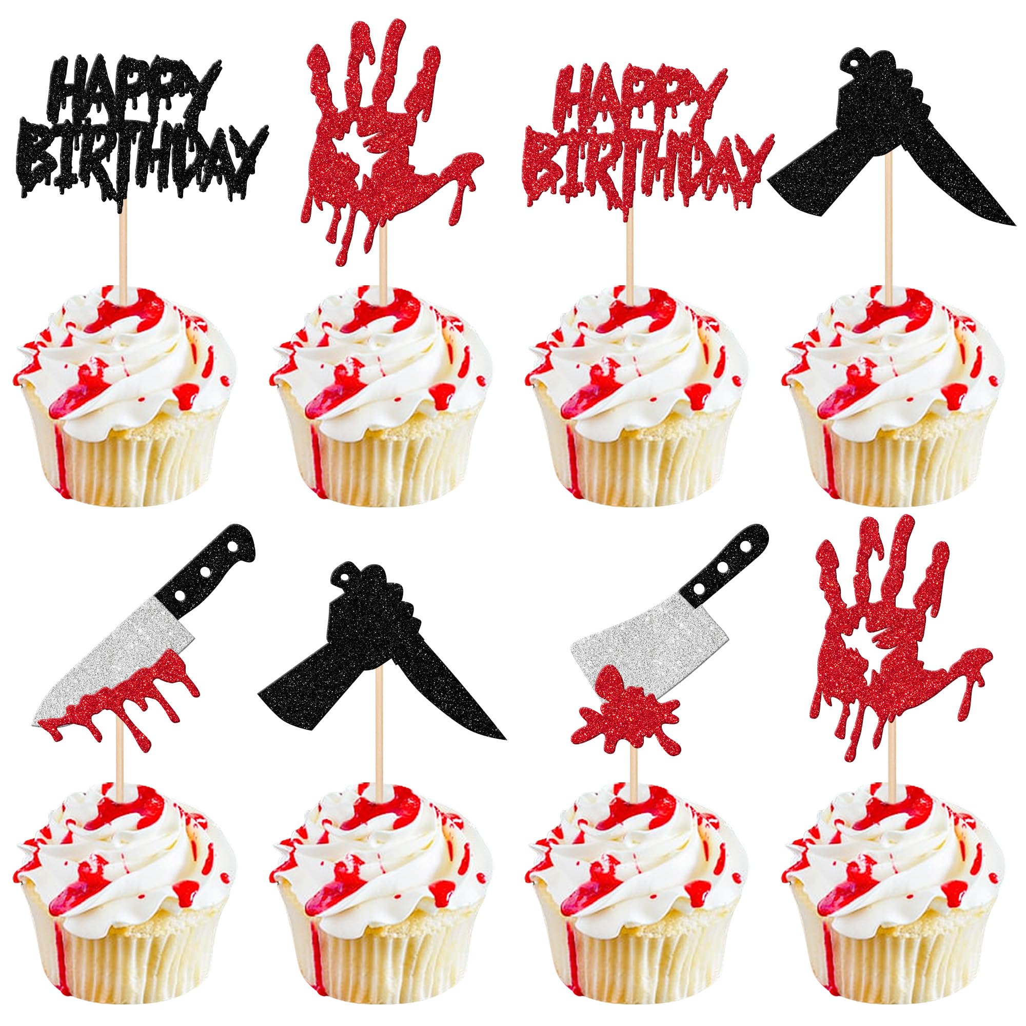 Xsstarmi 24 Pack Bloody Happy Birthday Cupcake Toppers Glitter Horror Classic Movie Characters Cupcake Picks Have a Killer Birthday Cake Decorations for Horror Theme Birthday Halloween Party Supplies — image 1