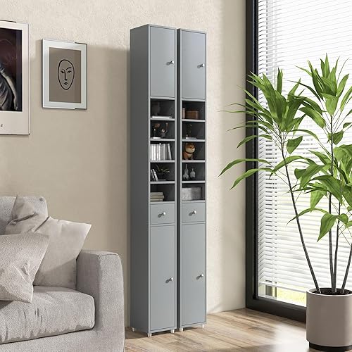 Miniatura 2 de FUTADA - Armario de almacenamiento de baño estrecho de 71 pulgadas de alto con 1 cajón, 2 puertas, 5 estantes abiertos, gris Gris,Negro