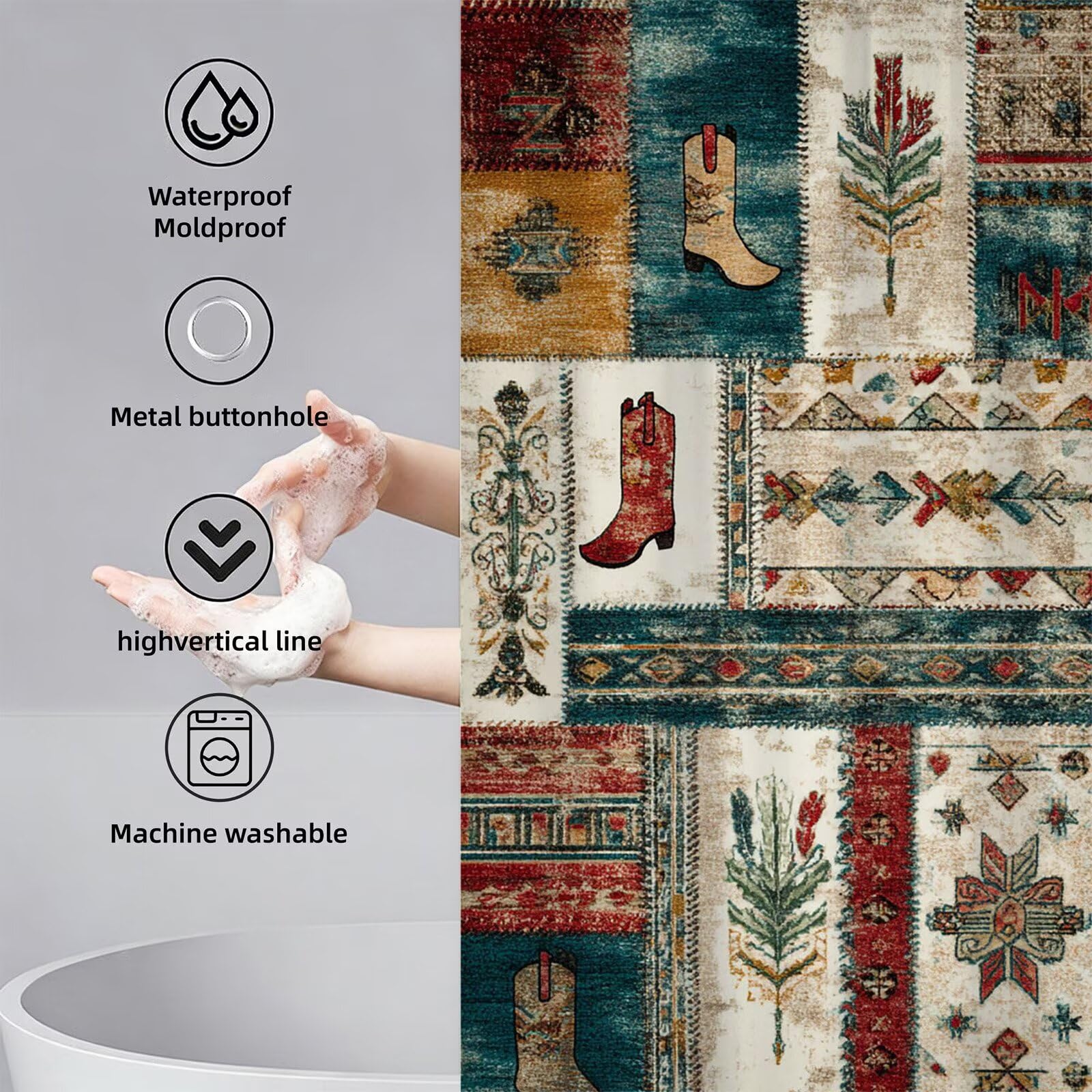 Zasłona prysznicowa boho 200 x 220 cm, wodoodporna, szybkoschnąca, nadająca się do prania, tkanina poliestrowa, bardzo długa, obciążony brzeg, z 12 haczykami, dekoracja łazienki, dekoracja wilgotnych