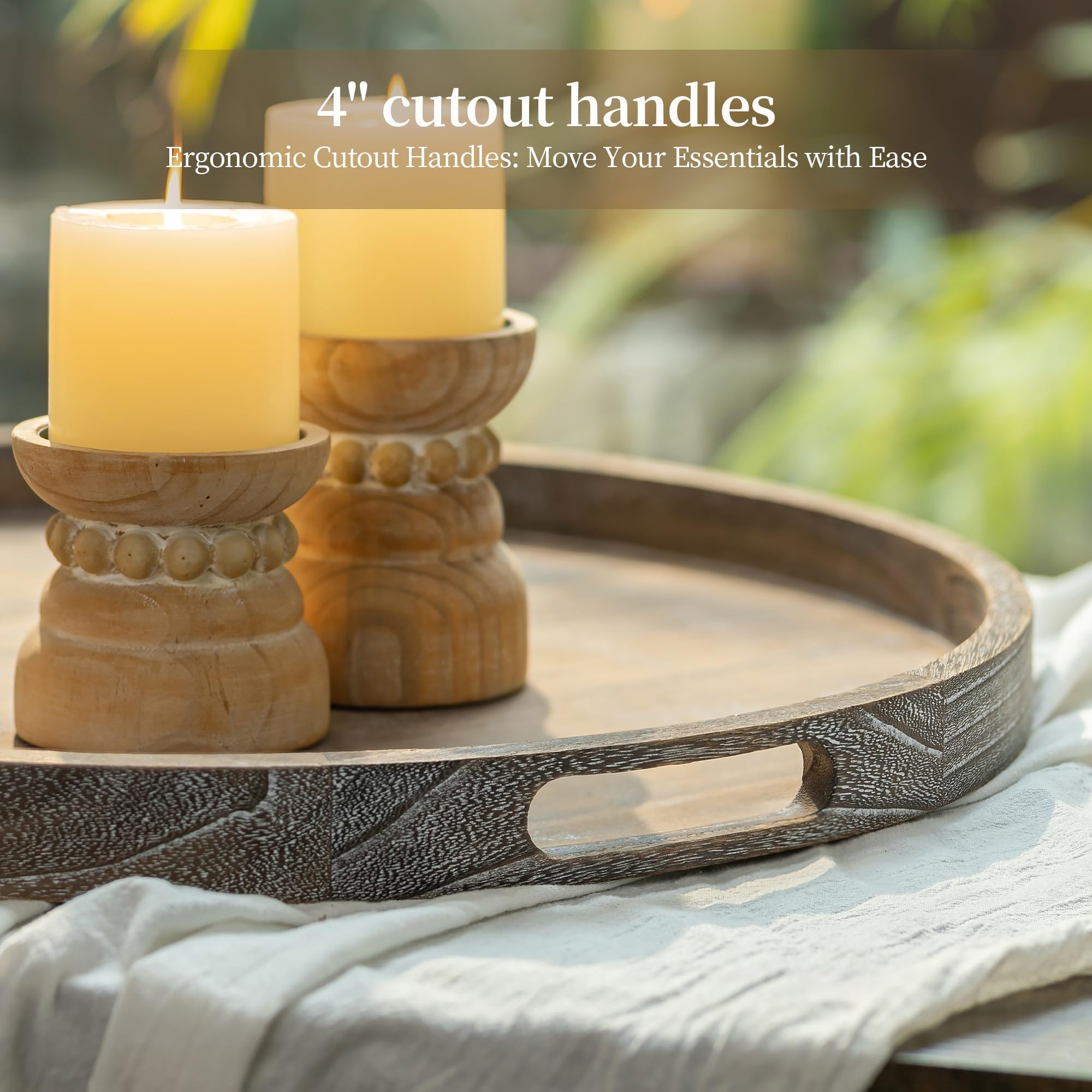 Hanobe Bandeja otomana decorativa de madera para sala de estar con asas, 22 pulgadas | Bandeja grande para mesa de café rústica redonda para decoración del hogar