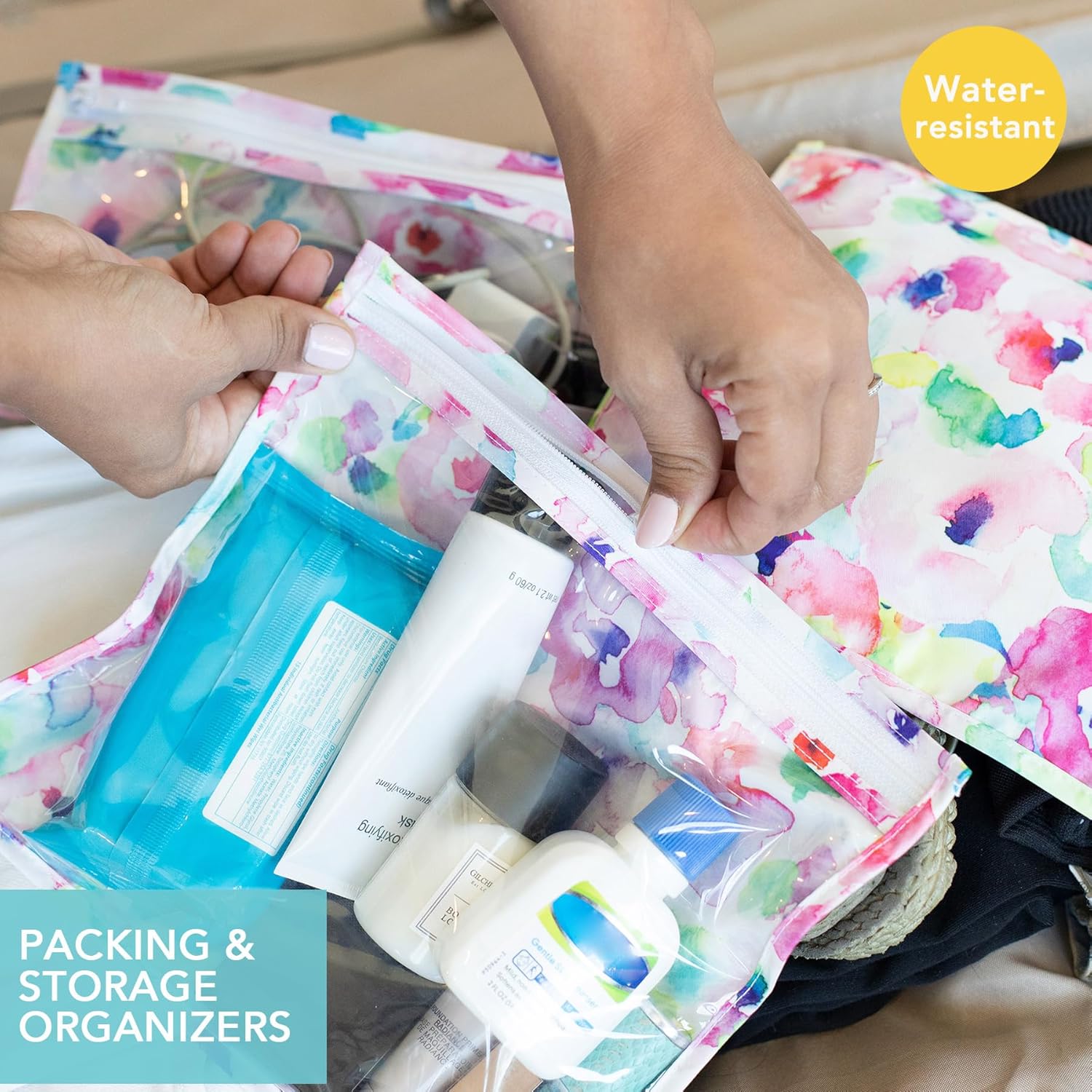 Bumkins - Waterproof Wet Bag & Clear Travel Bags - For Beach, Baby, Travel, Swim Suit, Cloth Diapers, Pump Parts, Pool, Gym, Toiletries - Reusable & Easy to Clean - Watercolor - 4 Pack