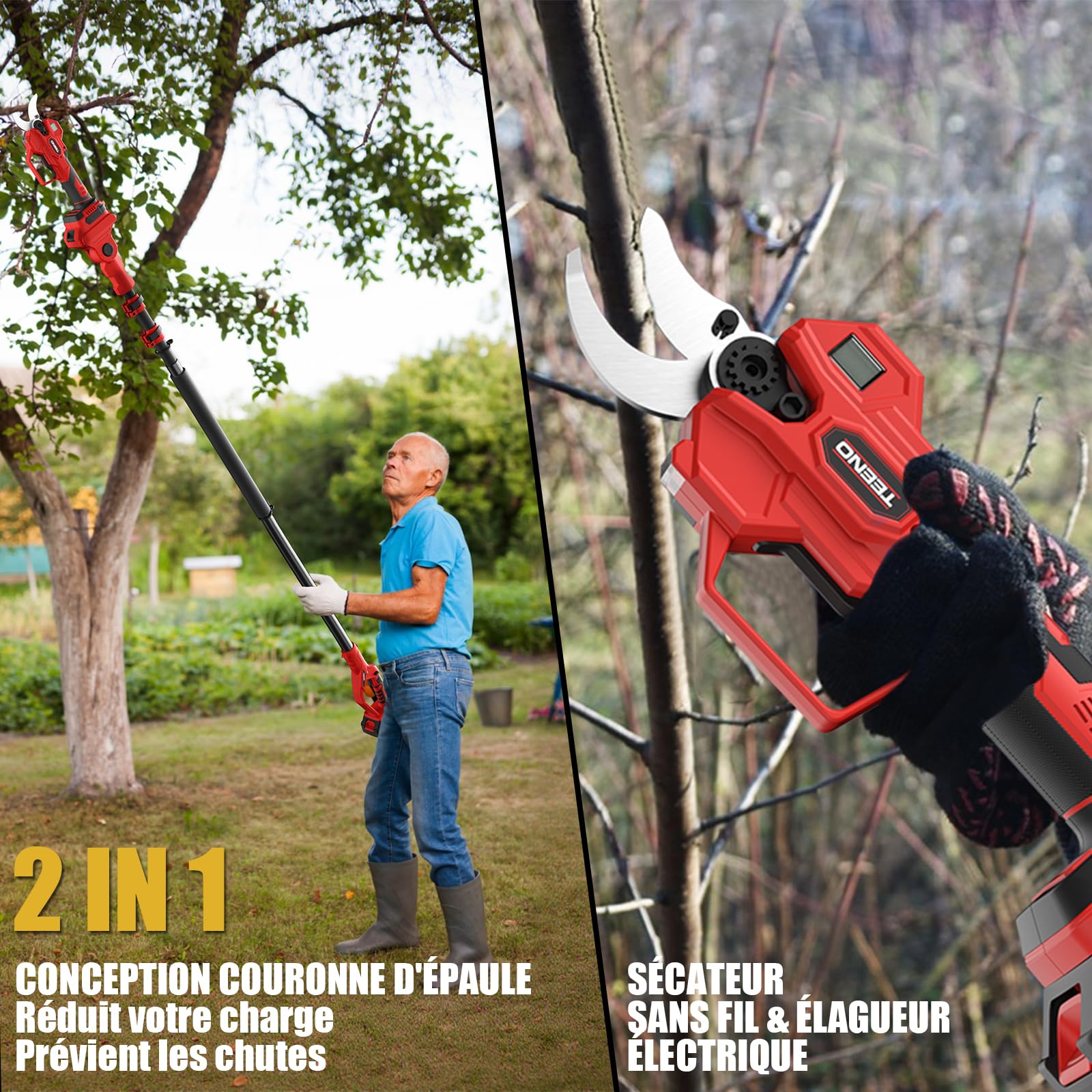 TEENO 2-en-1 Sécateur électrique avec perche télescopique, 40MM Secateur electrique sans fil 4000mAh avec Écran, 2 Batteries de 2.0Ah, our le jardinage, les arbres fruitiers