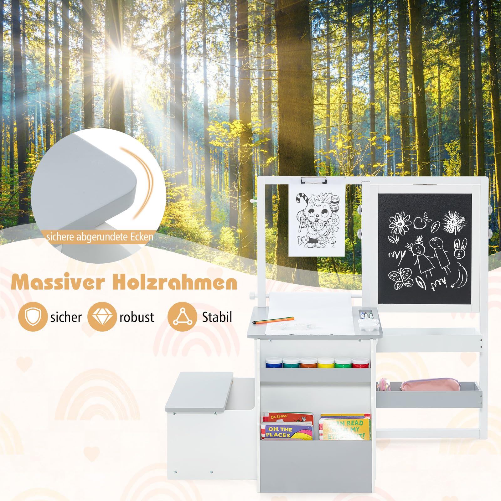 DREAMADE 3 in 1 Kindersitzgruppe, Höhenverstellbares Tisch Stuhl Set Mit Strauraum, Papierrolle, Ablagefächer & Bücherregal, Staffelei Maltisch Set Für Kinder Ab 3 Jahren (Grau+Weiß)