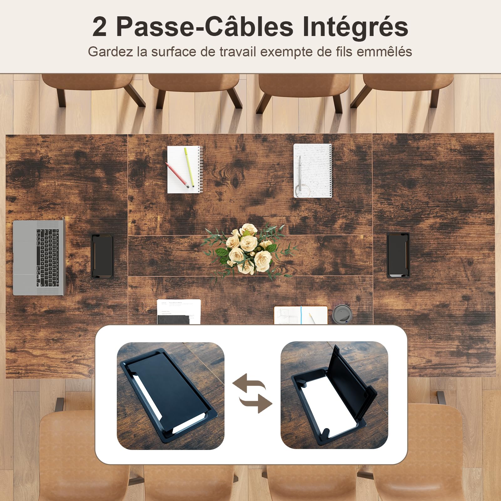 COSTWAY Table de Conférence pour 10 Personnes, Grande Table de Réunion, 2 Passe-câbles, Bureau de Séminaire Rectangulaire, Mobilier de Formation pour Bureau, Salle de Réunion, Marron Rustique