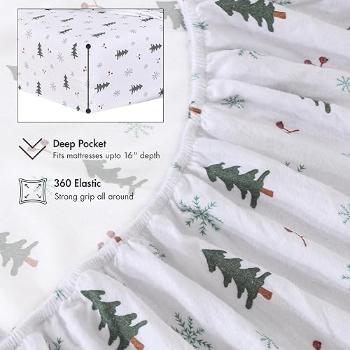 Miniatura 6 de RUVANTI Juego de sábanas de franela 100% algodón, tamaño matrimonial, 4 piezas, bayas y pino