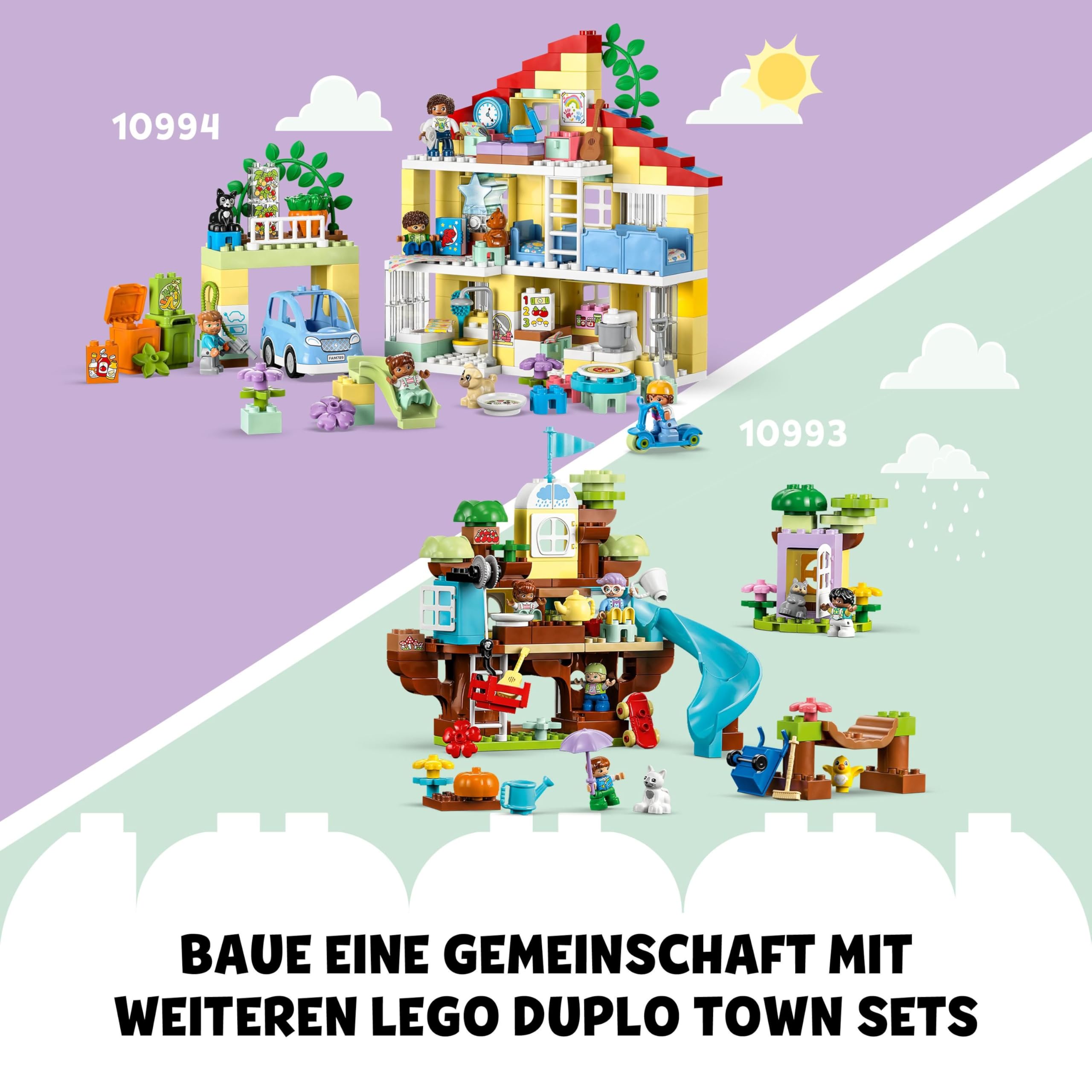 LEGO 10994 DUPLO 3-in-1-Familienhaus, Puppenhaus aus Bausteinen mit Push&Go Auto, 5 Figuren, 2 Tieren und Spielzeug-Lampe, Spielhaus Geschenk für Kleinkinder, Mädchen und Jungen ab 3 Jahren