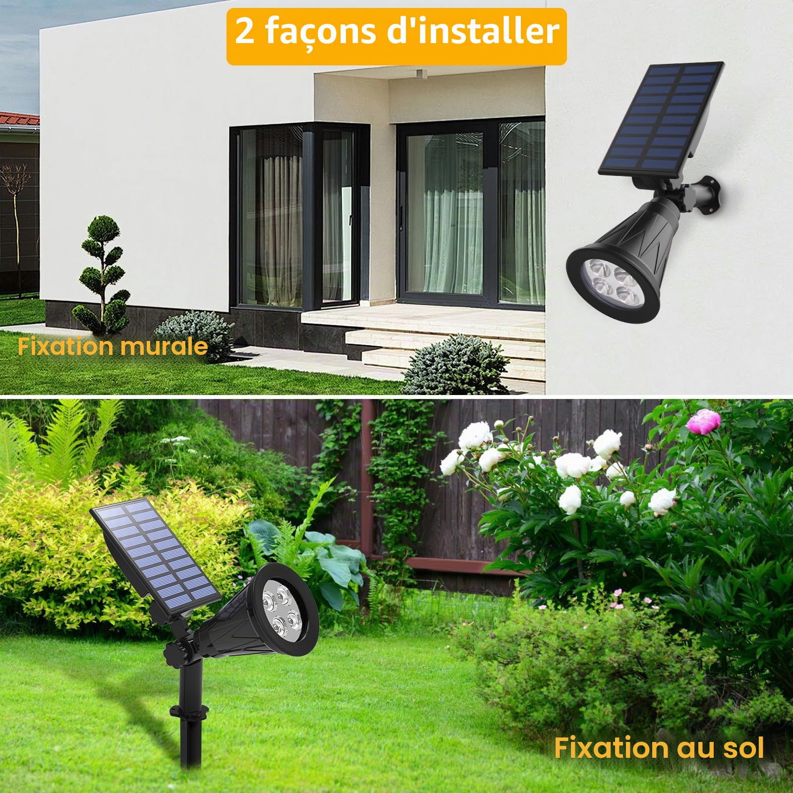 T-SUN [2 Pack LED Solaire Projecteur, Lampe Solaire de 4 LED, Étanche Extérieur Lampe Jardin，Éclairage de Sécurité Paysage Lumière pour Chrismas Arbre, Clôture, Patio, Fête. （Blanco Naturel 4000K