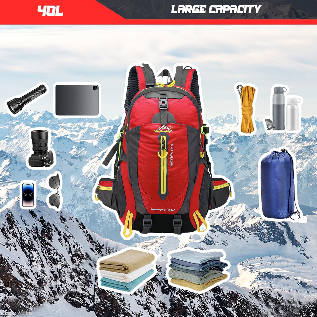Sac Randonnée 40L,Sac de Randonnée Hommes Femmes Imperméable avec Bretelles Ajustables pour Randonnée,Camping,Trekking