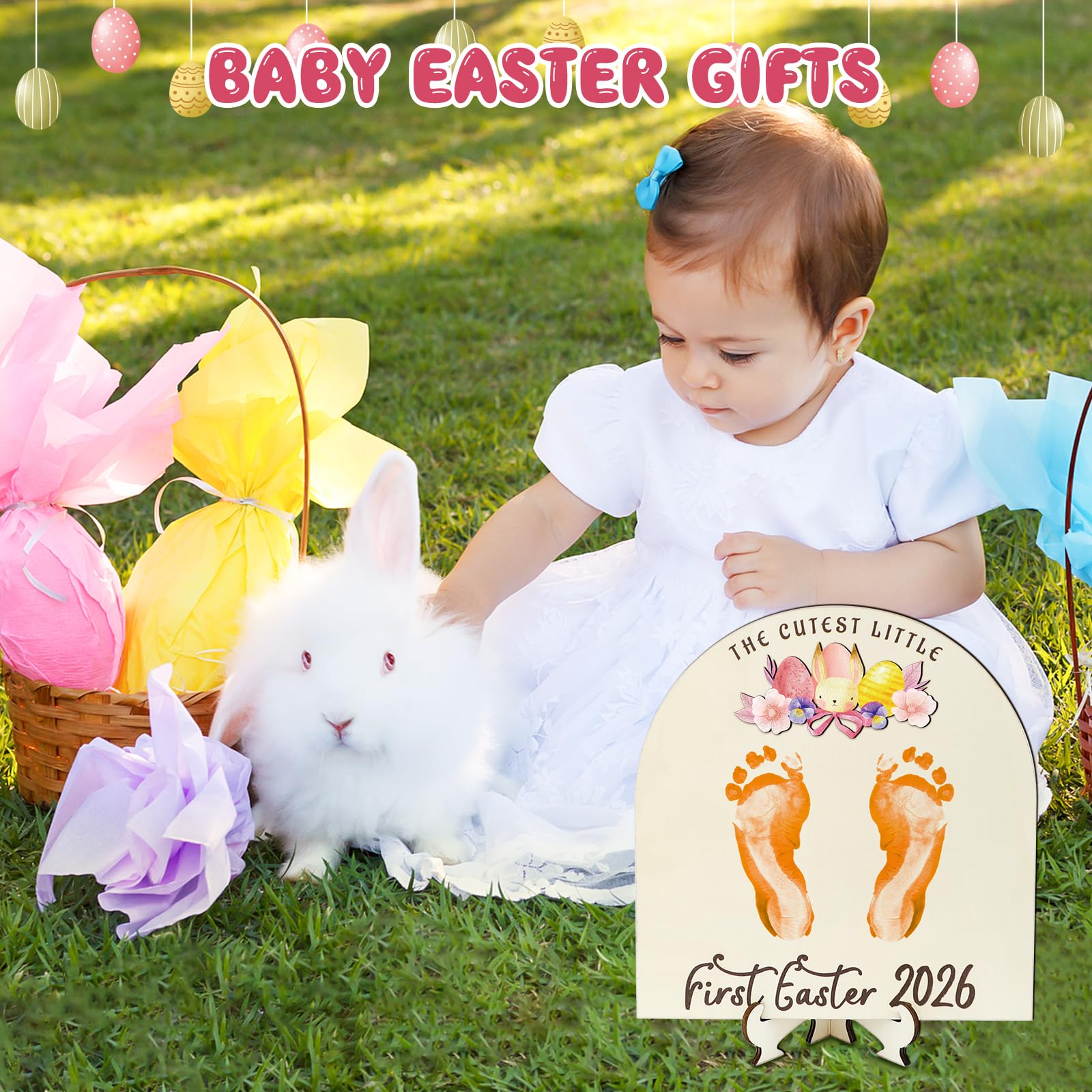 Panneau en bois à faire soi-même pour la première fois de Pâques de bébé, cadeaux de Pâques « My Baby 1st Easter Milestone Signs Have 3D Eggs Carotte Bunny Footprints », cadeaux décoratifs pour les