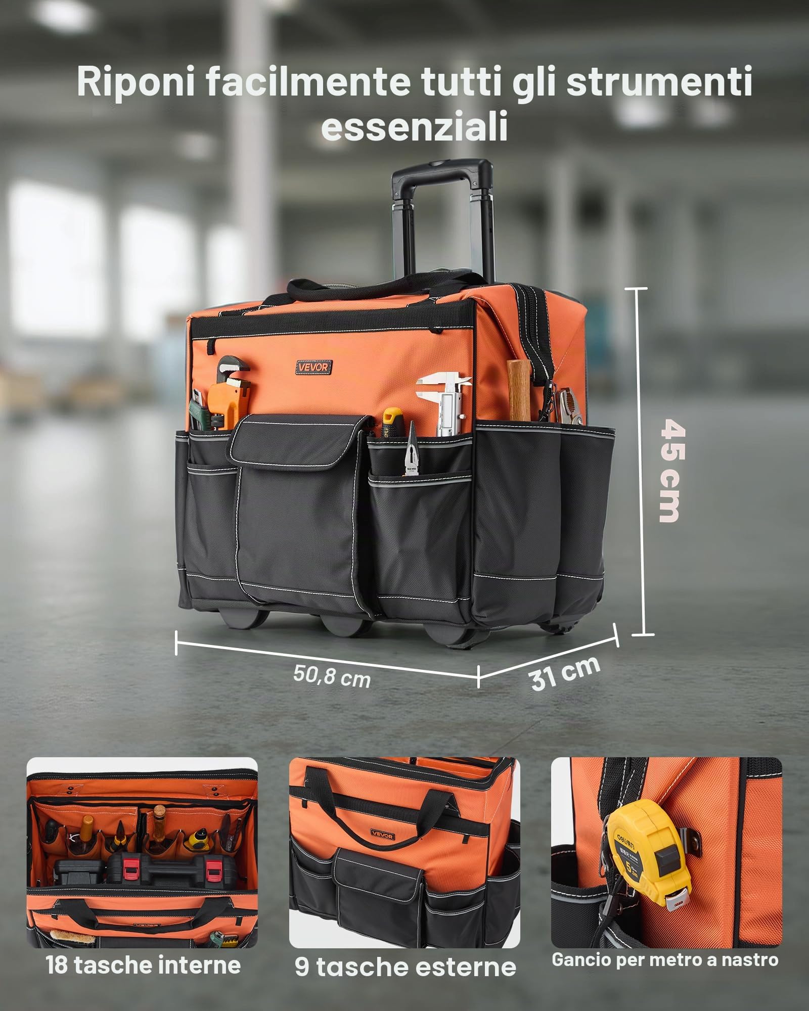 VEVOR Zaino Portautensili con Ruote, Capacità 50 kg, Borsa Portautensili con Ruote da 27 Tasche, Maniglia Telescopica Regolabile e Base Stabile, Organizzatore per Borse per Edilizia, Meccanico