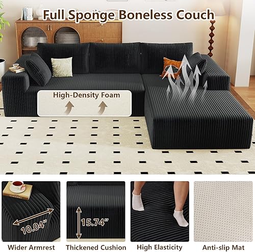 Miniatura 4 de 96" Modular Sectional Couch, Boneless L Shaped Cloud Sofa with Chaise Lounge, Corduroy Upholstered Couches Memory Foam Deep Seat, No Assembly