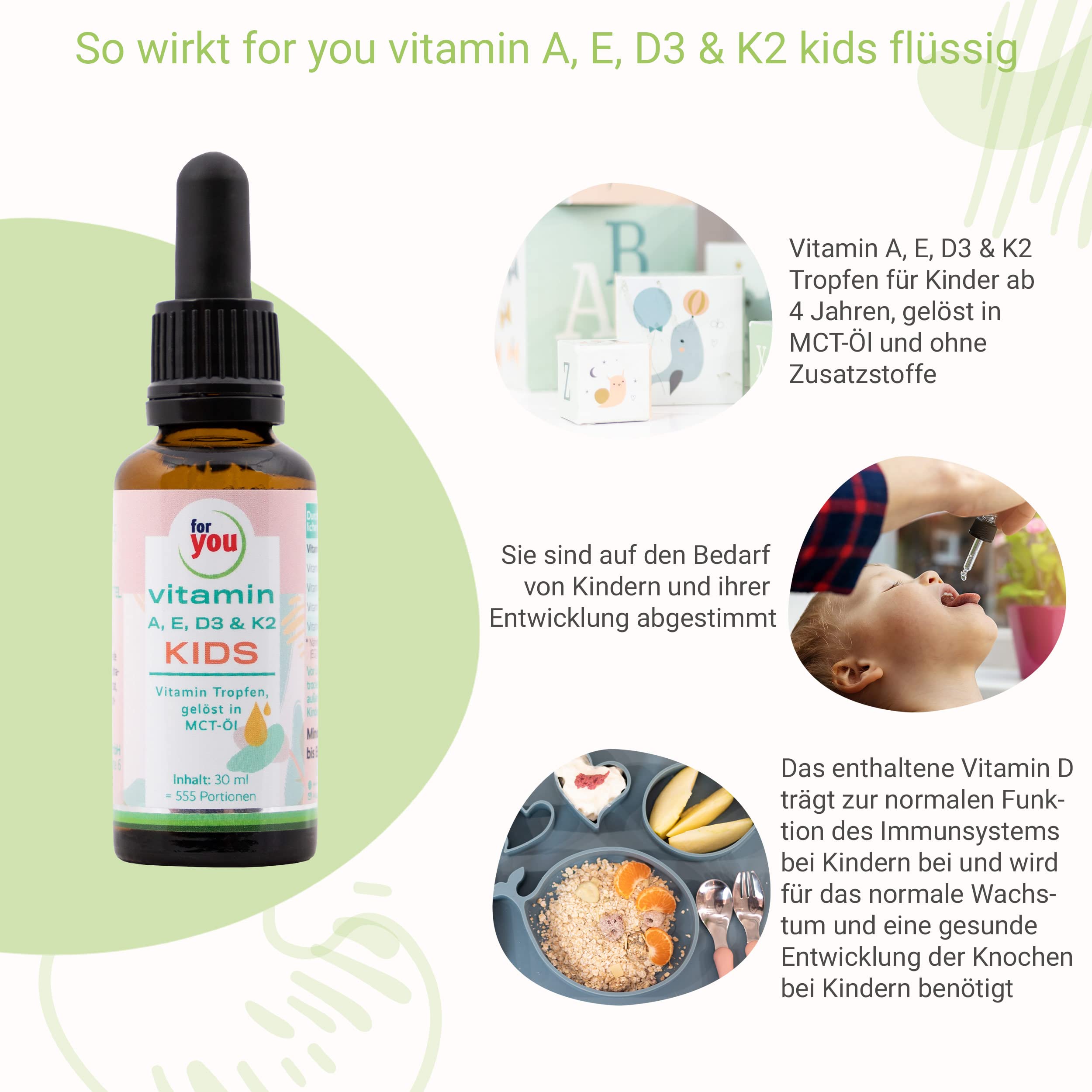 for you Vitamin A, E, D3 & K2 Tropfen für Kids Doppelpack - Vitamintropfen für Kinder ab 4 Jahren - 2x555 Portionen - Immunsystem Vitamine für Kinder geschmacksneutral, ohne Zusätze - Kindervitamine
