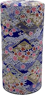 野口熊太郎茶園 Japanese Tea Canister Tin Sakura Blizzard on a Rhombus Pattern Blue/Double Lid/Japanese YUZEN Washi Paper Pasted /200g Tea Capacity/Loose Leaf Tea Storage/Storage Container with Lid