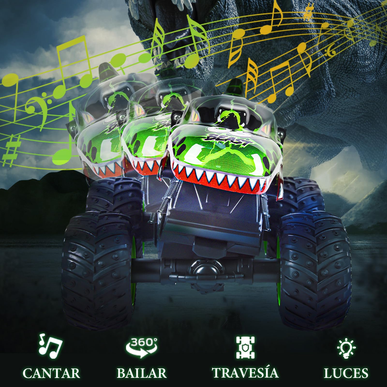 IEEILULU Coche teledirigido dinosaurio, todo terreno RC Cars con rotación de 360°, luz LED, RC Monster truck recargable, juguete de dinosaurio, regalo para niños a partir de 3, 4, 5, 6, 8, 10 años