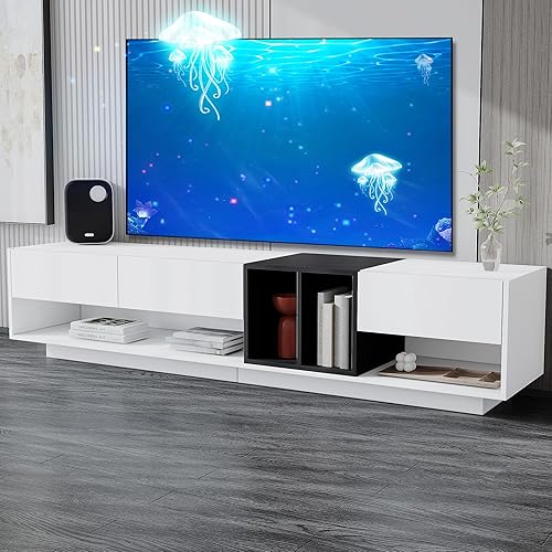 Miniatura 10 de Moderno soporte de TV para TV de 80 pulgadas, centro de entretenimiento largo con cajones y compartimento abierto, consola de TV contemporánea para