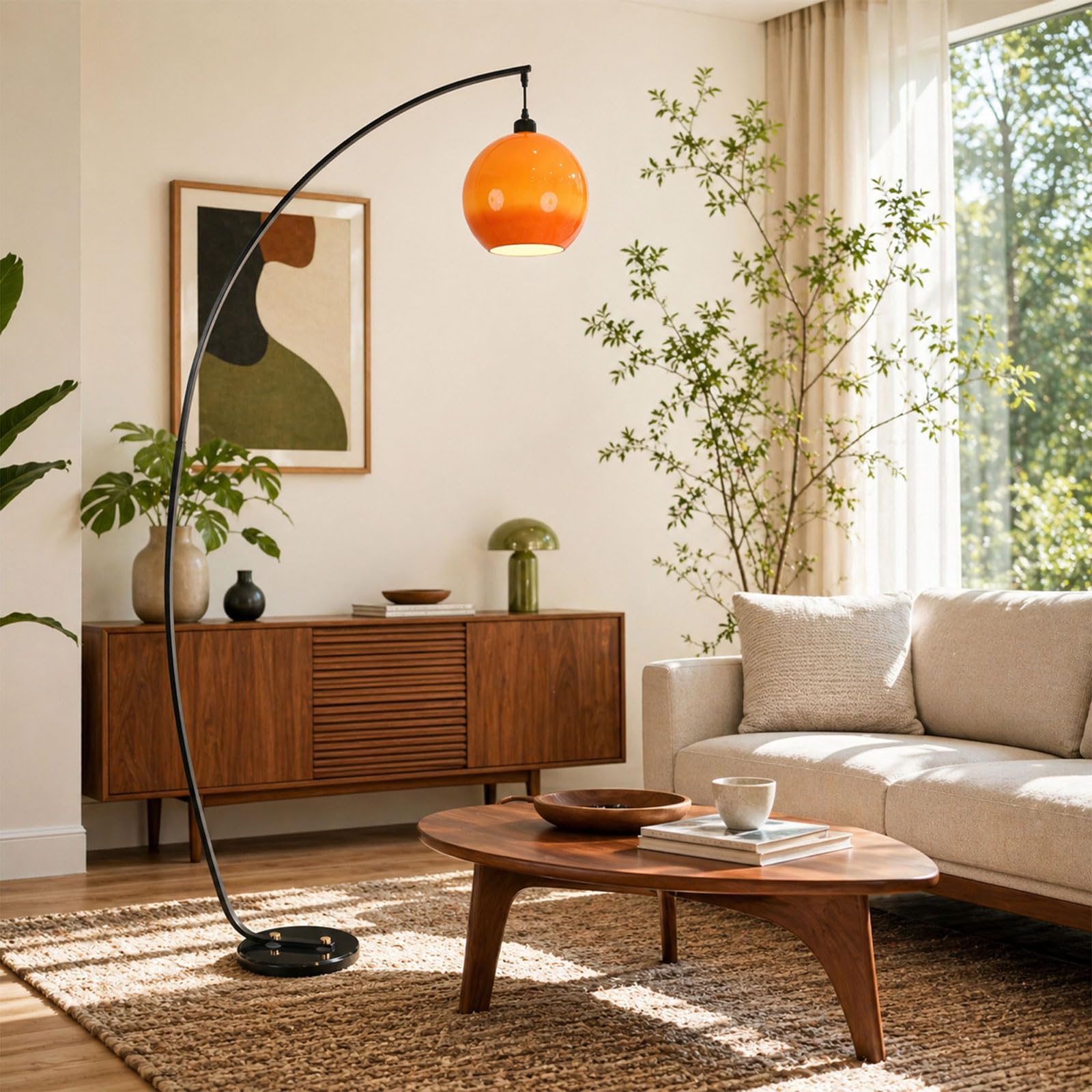 Lampada Da Terra Ad Arco Da 180 CM, Stile Mid-Century Modern, Arancione, Con Globo In Vetro, Attacco E27, 3 Temperature Di Colore, Base In Marmo, Lampada Alta Per Soggiorno E Camera Da Letto