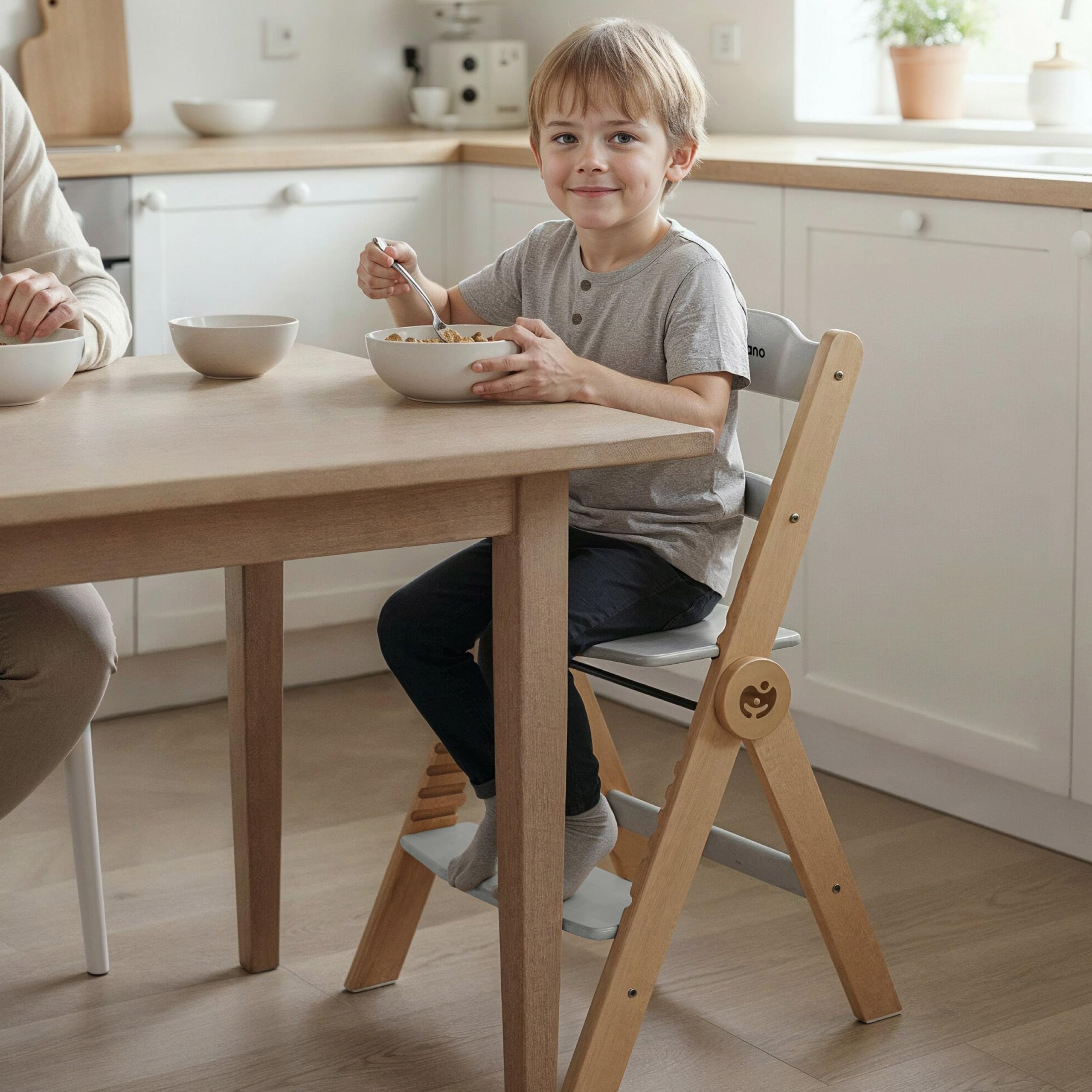 Tulano Morsel 45 Babyhochstuhl 4in1 aus Holz - Klappbar & mitwachsend | 3-Punkt-Gurt - Schutzbügel - Essbrett spülmaschinenfest - Rutschfeste Füße - 6 Monate bis 12 Jahre - Bis 40 kg - Grau