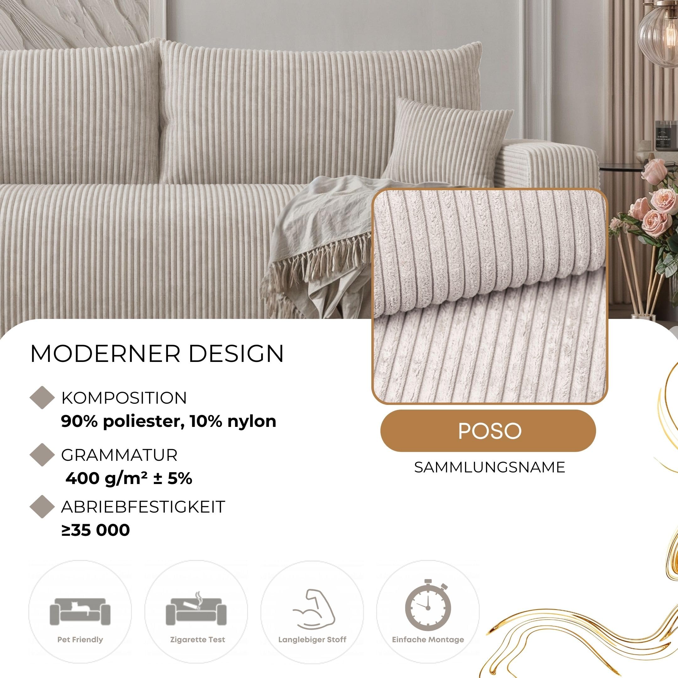 Schlafsofa mit Bettkasten 246x93 - Sofa Cord - 3 Sitzer Sofa mit schlaffunktion - Couch mit Schlaffunktion - Wohnzimmer Couch - Schlafcouch