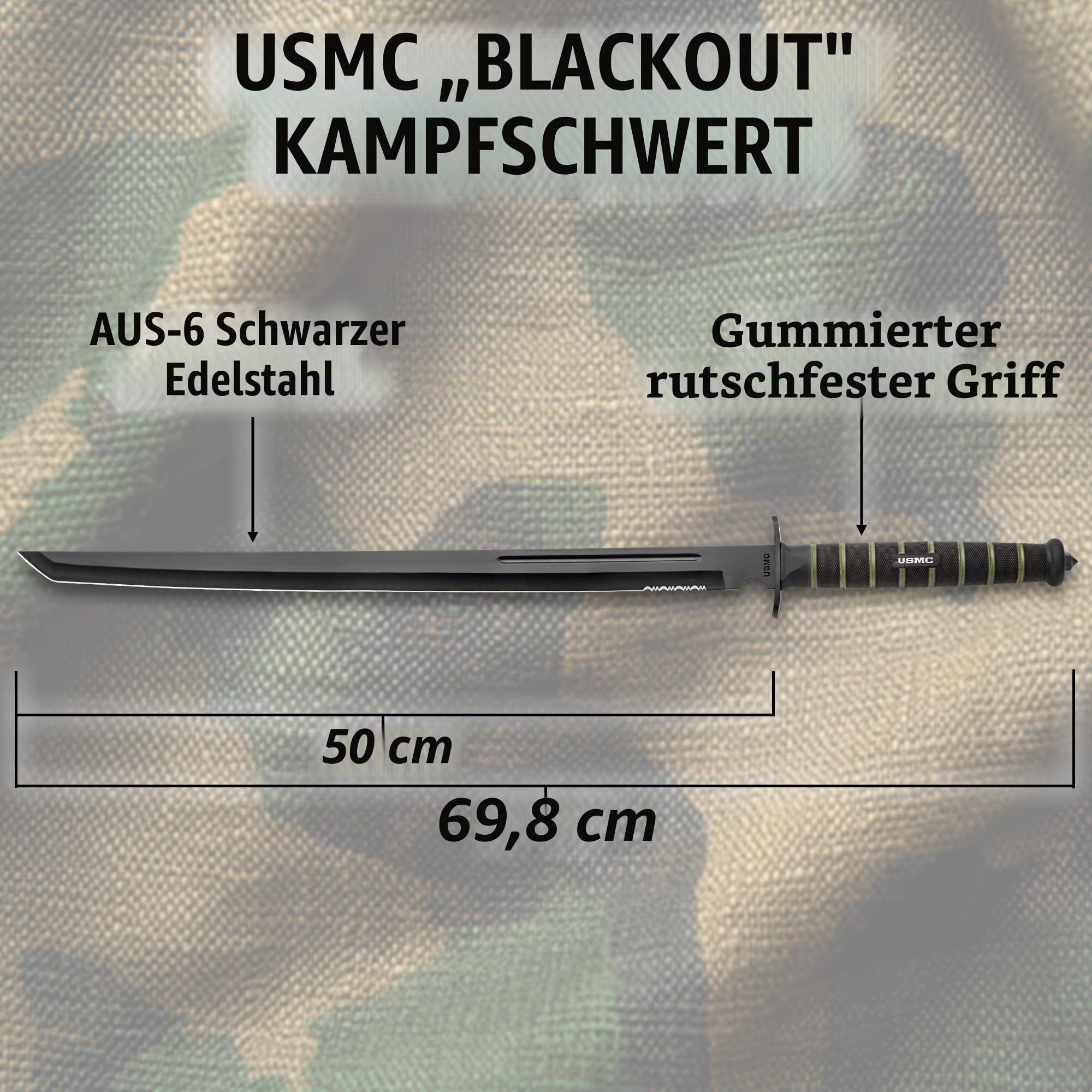 USMC Blackout Combat Tanto Schwert mit Nylonscheide, AUS-6 Edelstahl-Tanto-Klinge, gummierter spritzgegossener Griff, strukturierter Griff, 69 cm Länge, Battle Gear Ready
