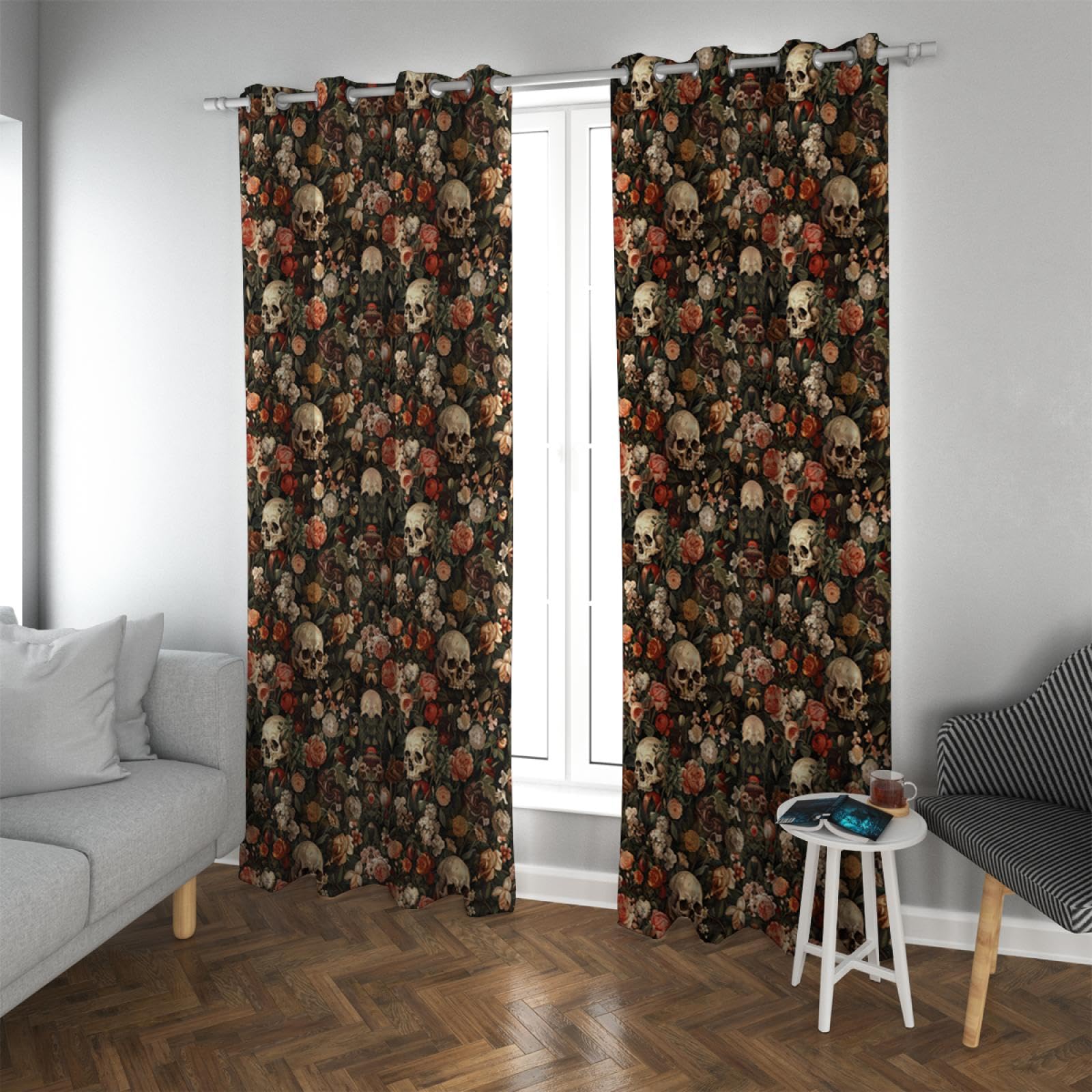 HOBBOY Floral Botanical Curtains Halloween Party Window Drapes Scary Skeleton Skull Pattern Blackout Curtains for Bedroom Living Room 2 Panels 2X W38xL63in
