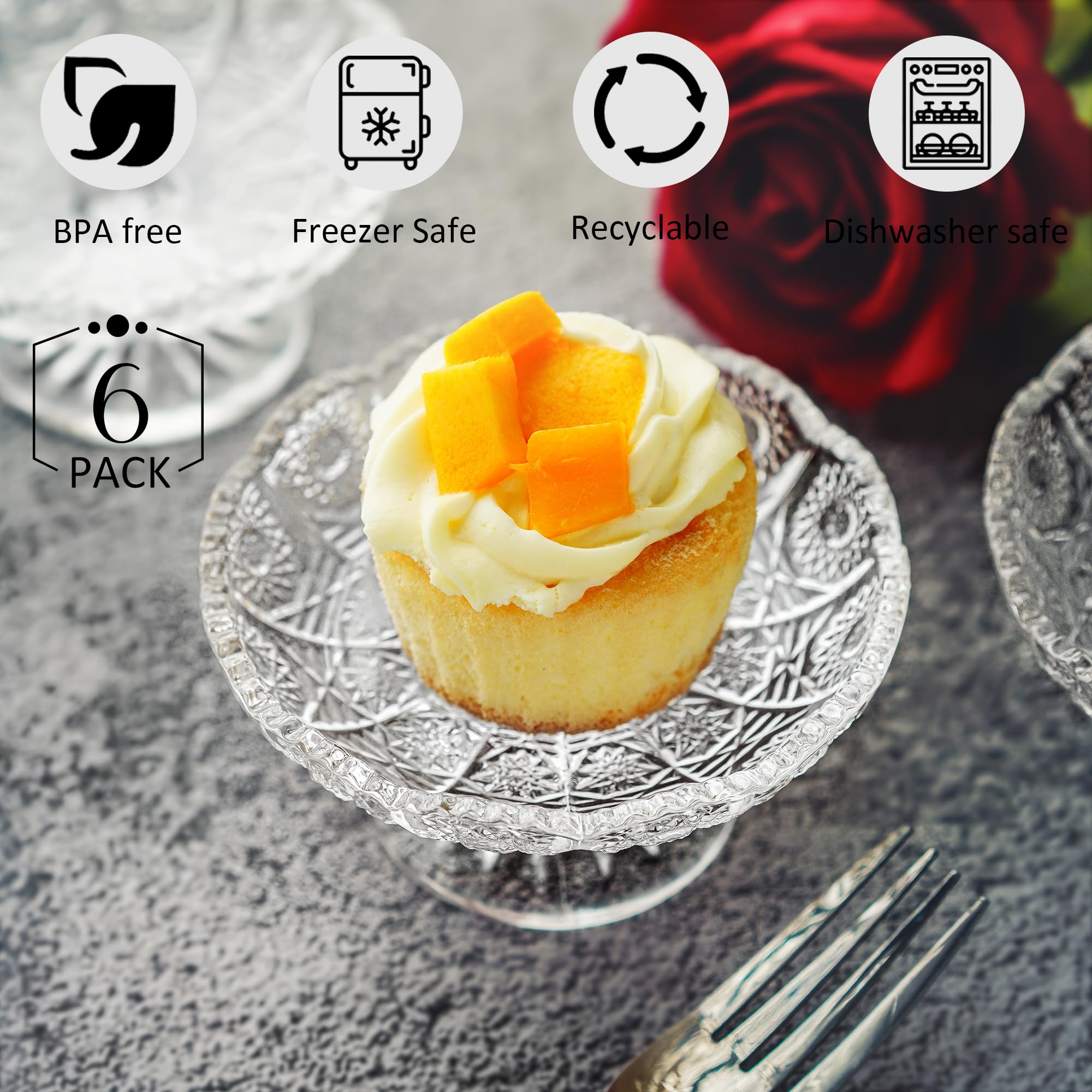 6 bandejas de cristal para tartas, servidor de platos de cristal para cupcakes con pie, soporte transparente para exhibición de pasteles pequeños para chocolate, postres, frutas, bodas, cumpleaños,