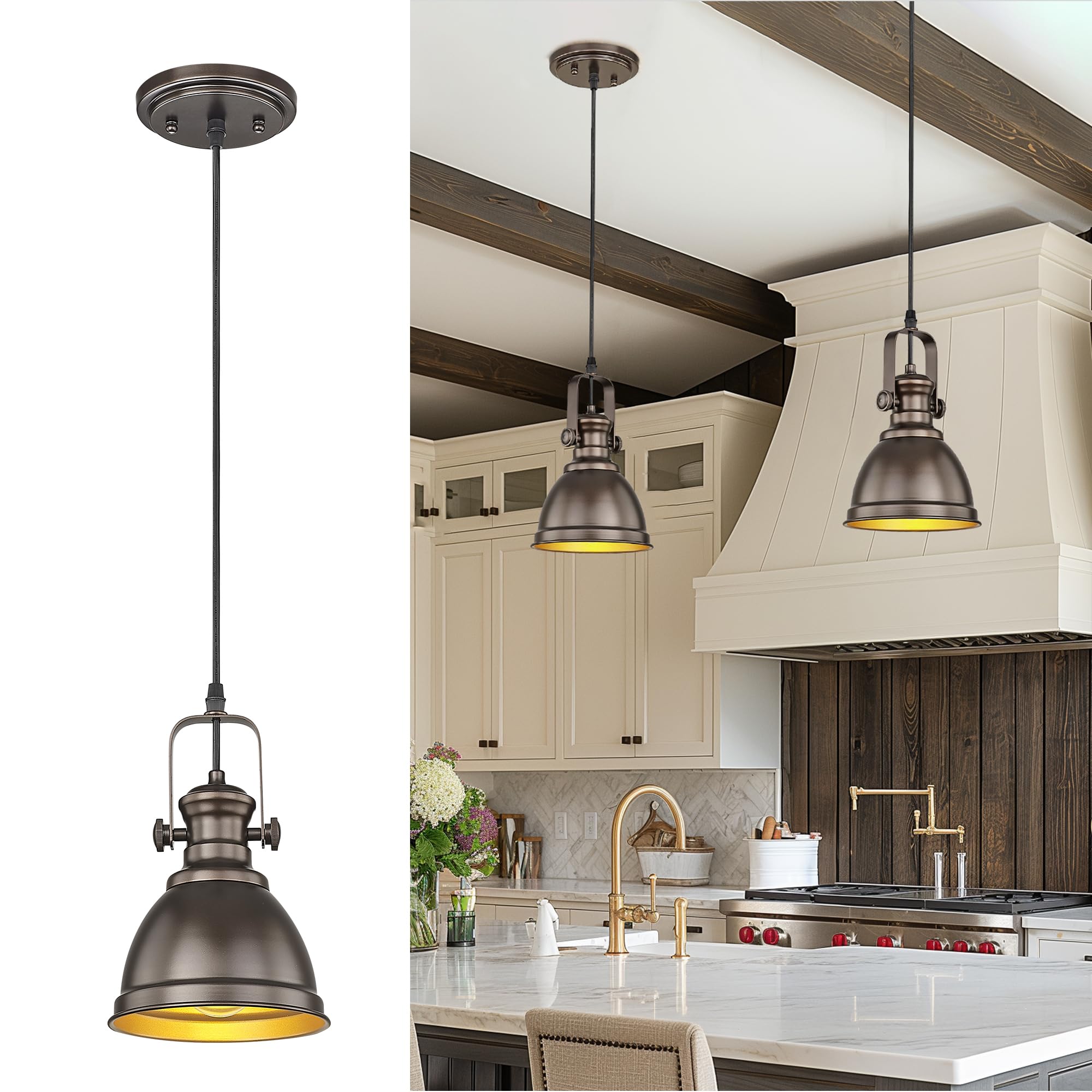Pendant Lights Kitchen Island, Farmhouse Hanging Lights Fixtures with Metal Shade, Rustic Kitchen Pendant Lighting Over Island for Dining Room, Oil Rubbed Bronze, AD-2151-1P-ORB