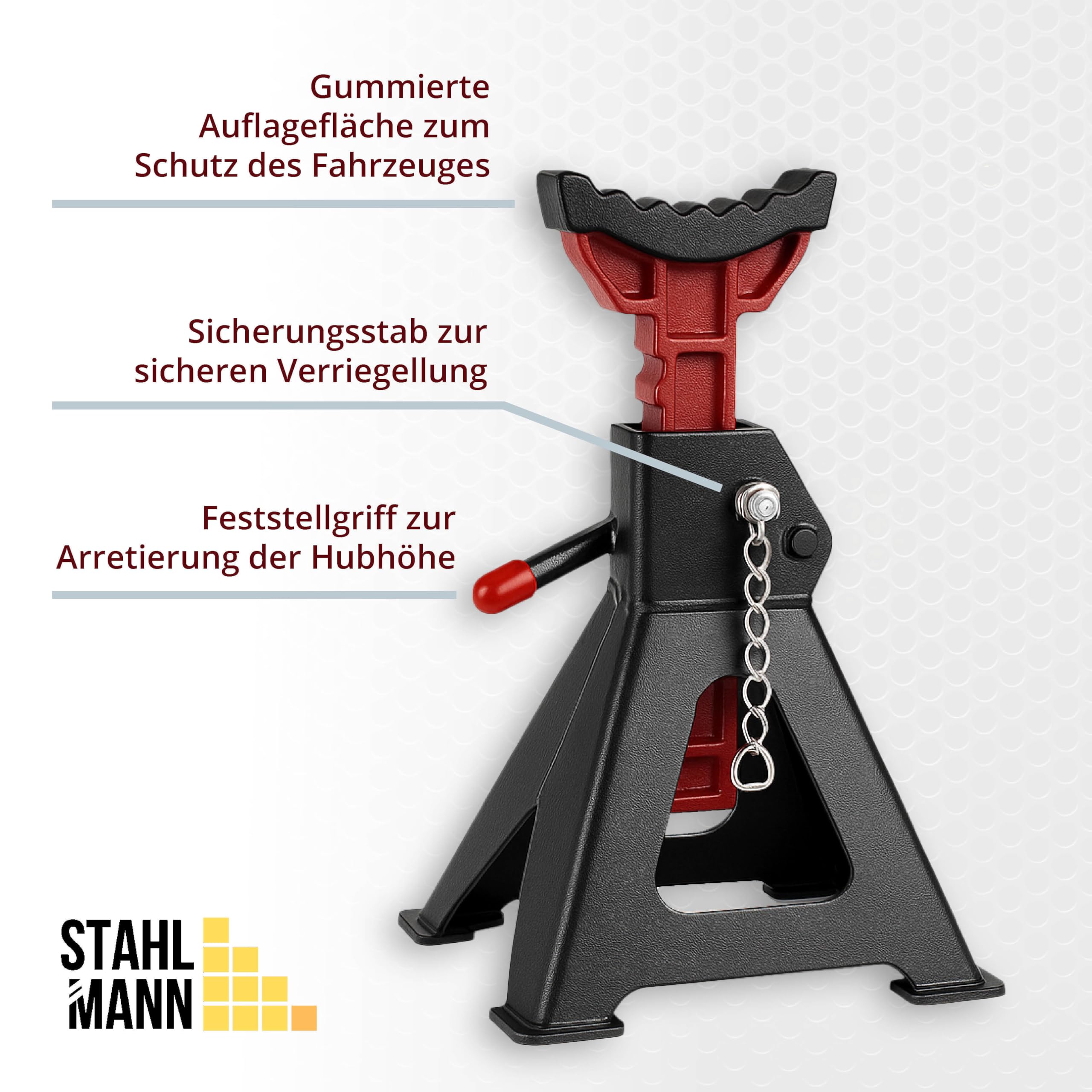 Stahlmann® Unterstellbock 3T Tragkraft im 2er Set – Höhenverstellbar 28–42,5 cm mit Sicherungssplint – Robuste Gusseisen Wagenheber Stützböcke für PKW, SUV & Kleintransporter (4 Stück / 6 Tonnen)