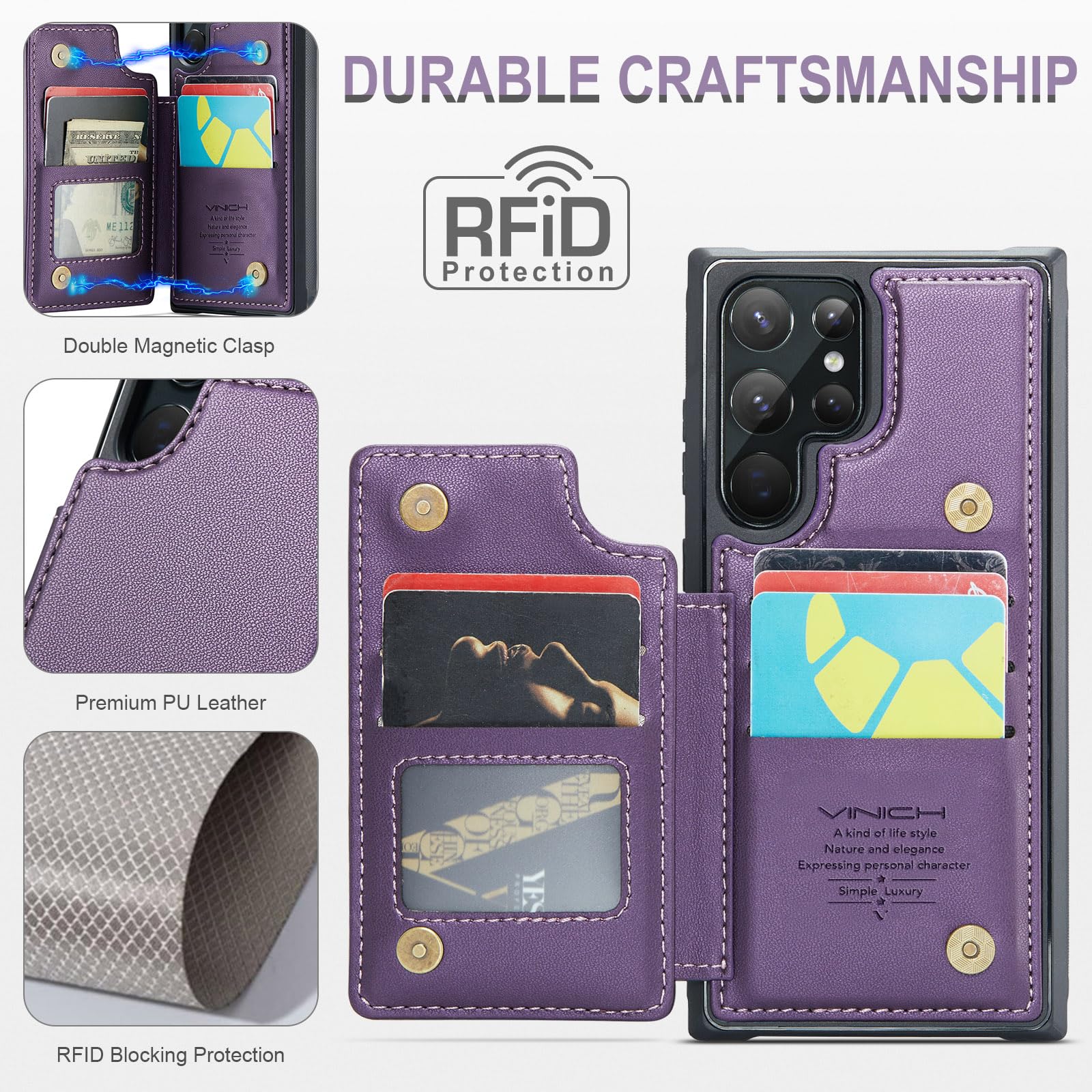 Vinich for Samsung Galaxy S22 Ultra Wallet Case with Card Holder, RFID Blocking Credit Slots Kickstand Shockproof Phone Cover for Women Men, Purple