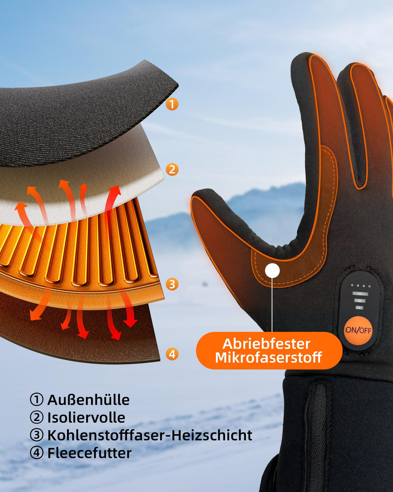 EBOSSOM Beheizbare Handschuhfutter, Winterhandschuhe Herren Damen, Wiederaufladbare Batterie Warme Touchscreen Handschuhe, fürs Skifahren Wandern Radfahren Motorradfahren