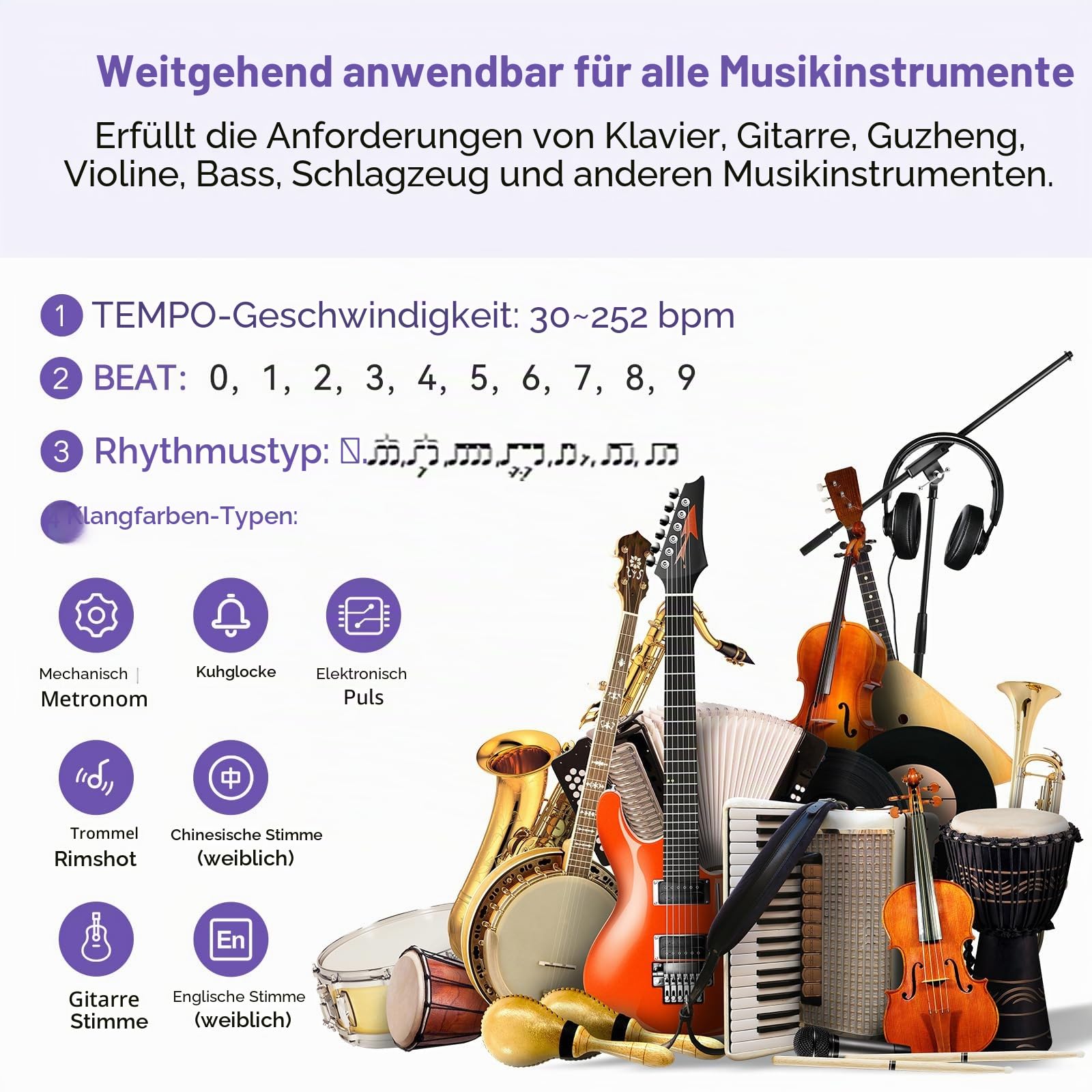 TERENCE Digitales Metronom für Klavier Bass Ukulele Musikinstrumente Elektronisch mit Lautsprecher LCD Display 30-252bpm