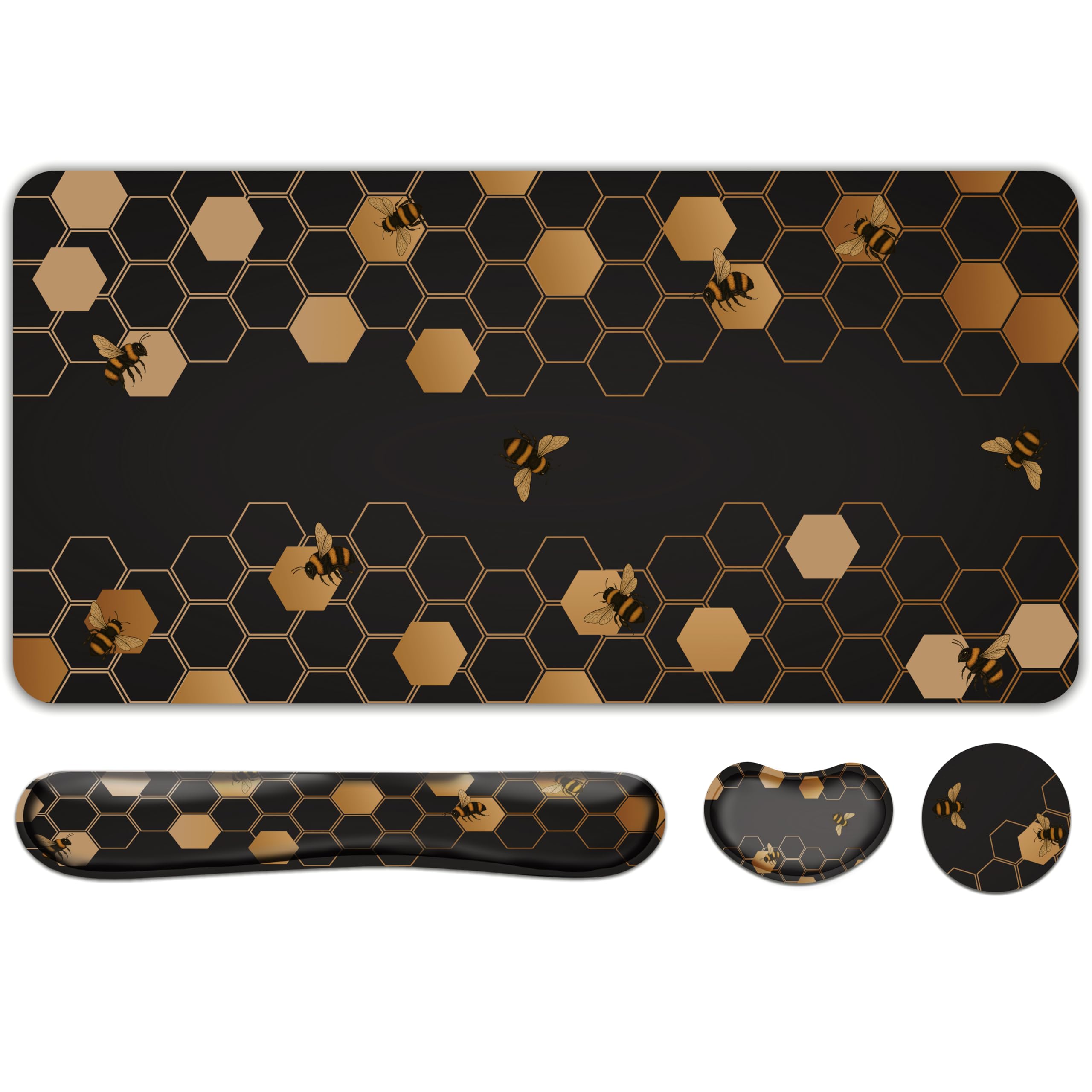 Doodlream 4-in-1 Desk Pad, Bee Honeycomb Theme, Desk Mat with Mouse Keyboard Wrist Support and Coaster, Ergonomic Design for Home Office Laptop Computer Desk Accessories
