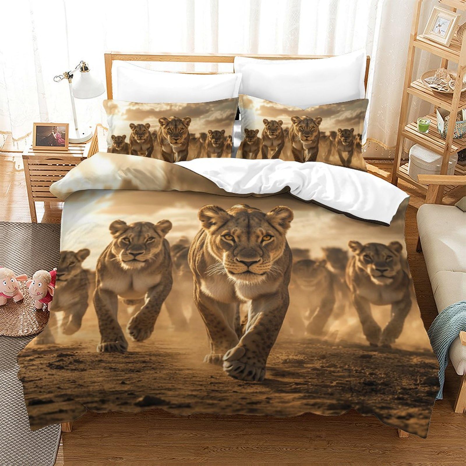GAOYUCHUN African Lionesses Duvet Cover Set 3 PCS Hotel Quality Quilt Cover Bedding Sets Bed Covers with Pillowcases with Zipper Closure Ultra Soft Anti Allergic Microfiber Double（200x200cm）