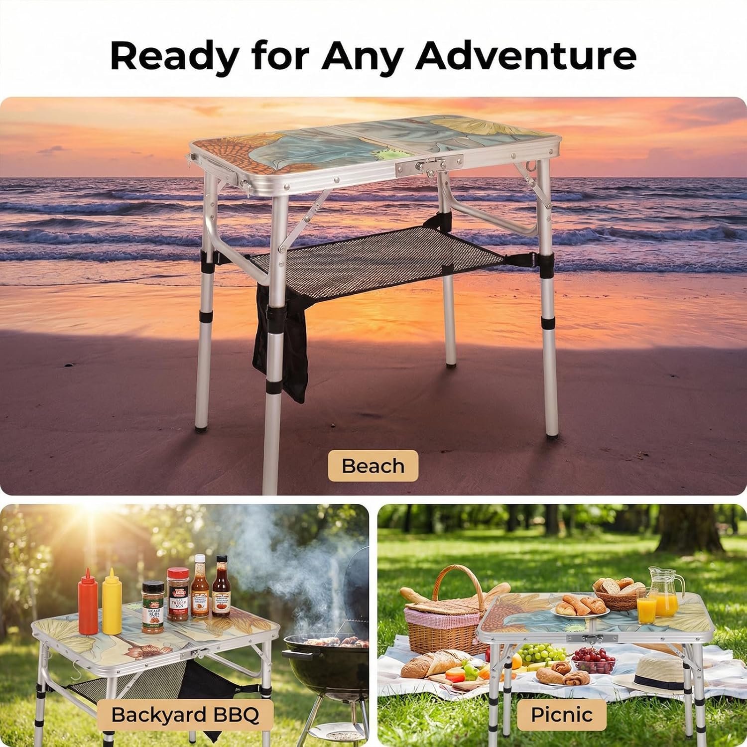 Small Folding Camping Table, 2ft Portable Picnic Table Aluminum 24" x 16" Folding Table, 3 Adjustable Heights Portable Lightweight Table Dining Table for RV, Picnic, Beach (Sunflower)