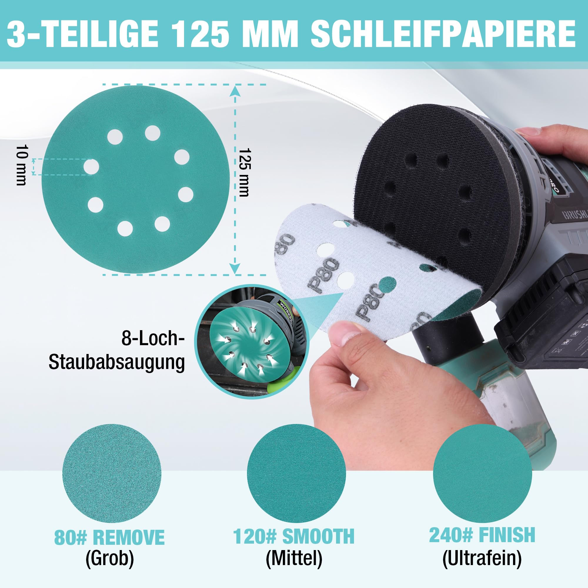 WORKPRO 3 Stück Schleifpads 125mm Klett für Exzenterschleifer mit 8 Löchern, 12mm Dichte Polierschwamm mit 3 Schleifscheiben für Schleifer