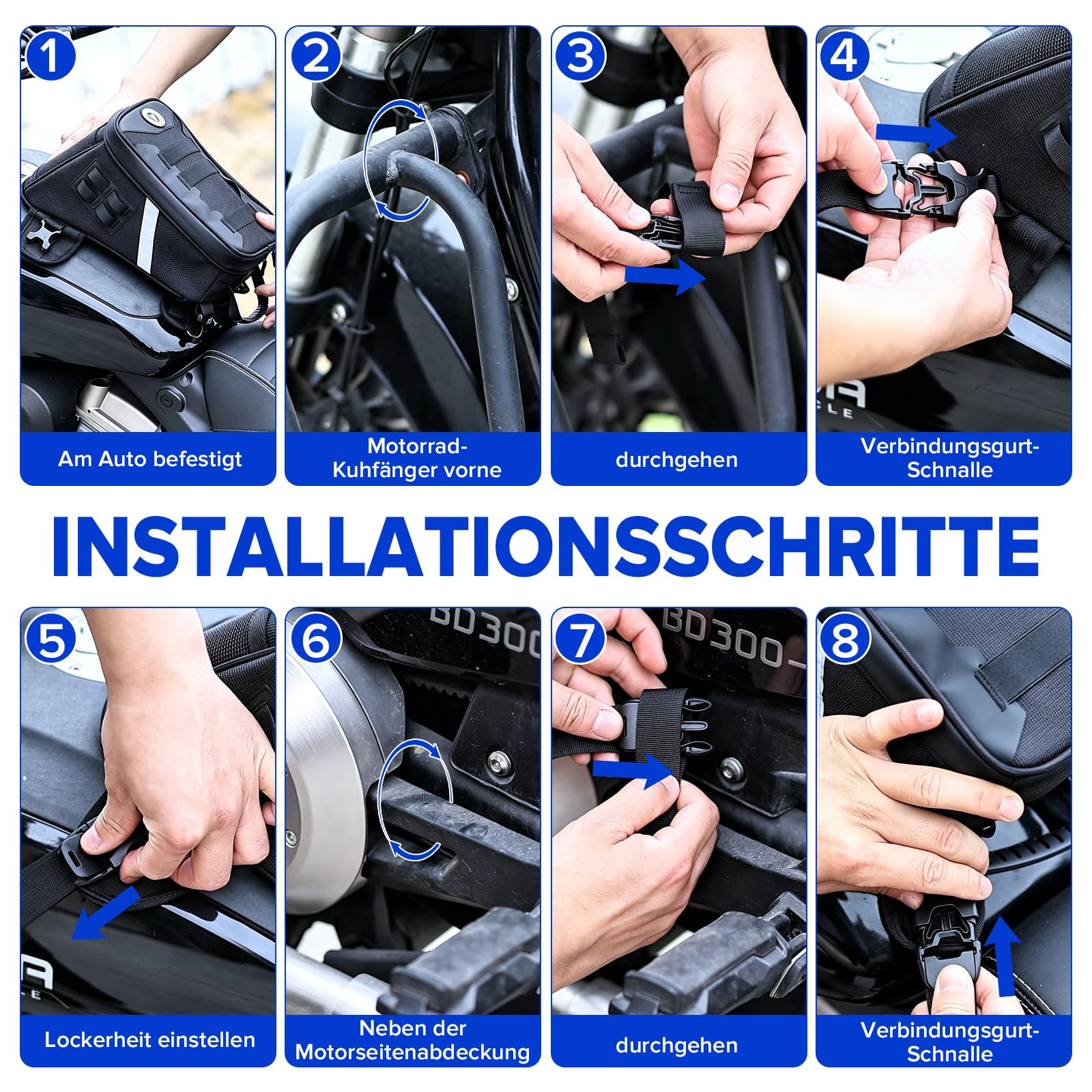 Zaino da serbatoio per moto, 5 l, multifunzione, con cinghie regolabili, borsa per serbatoio con parapioggia, sistema MOLLE e strisce riflettenti, borsa a tracolla, borsa sul petto, nero