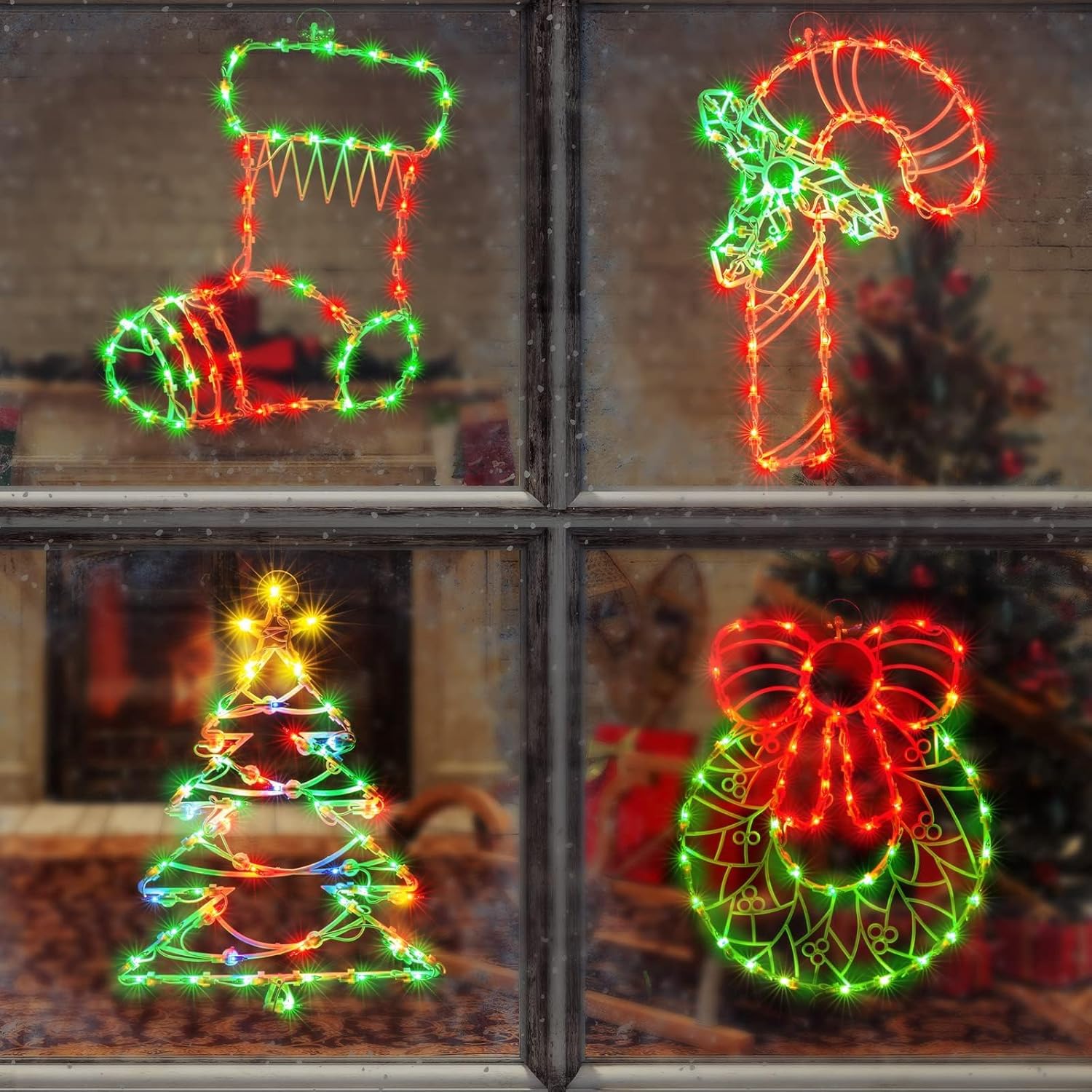 4 Pack Christmas Window Silhouette Lights, Lighted Candy Cane,Christmas Tree,Wreath and Christmas Stocking of Double Sided Decorations with 200 Count Incandescent Mini Light Style 1