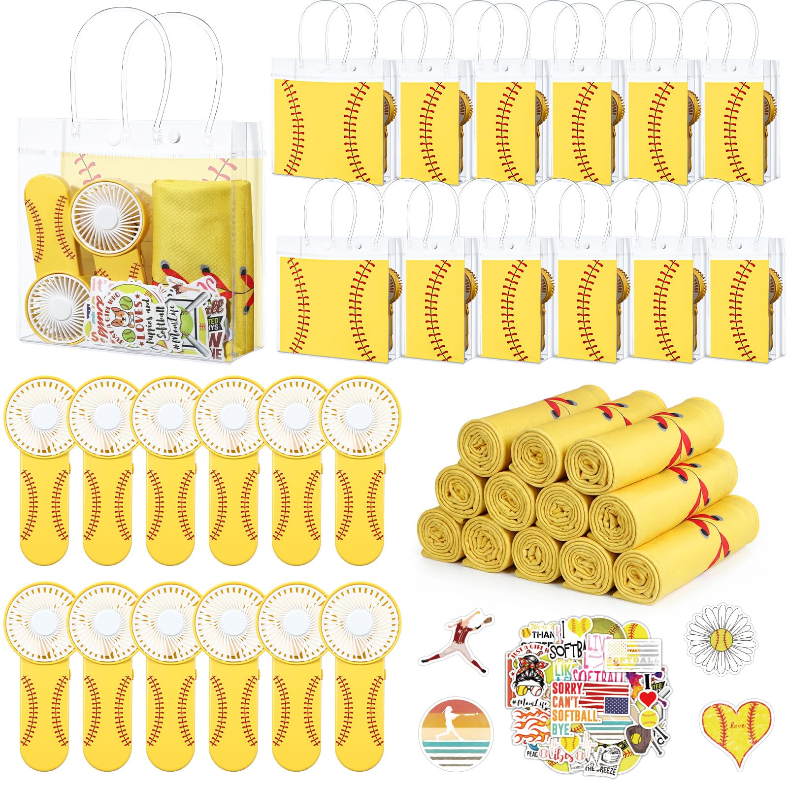 Tujoe 36 Pcs Softball Party Favors 40 x 12 Cooling Workout Towel Mini Portable Handheld Fan with Lanyards Clear Softball Gift Bag with Handles and Stickers for Sport Team Gift, Battery Not Include