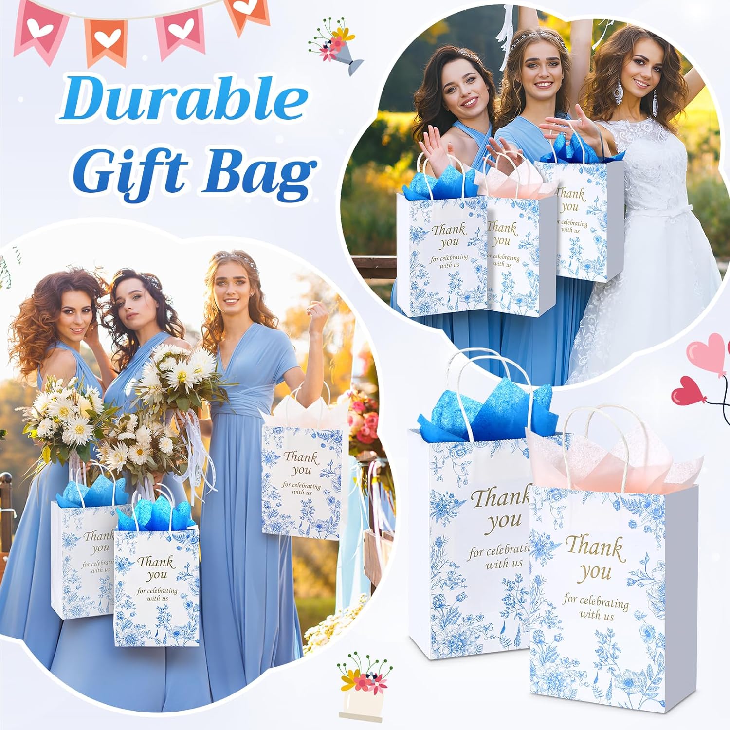 Tenceur 60 Pcs Blue Floral Gift Bags Bulk Wedding Bridal Gift Bag with Tissue Paper Party Favor Thank You Bags 5.9 x 3.2 x 8.3 Inch with Handle for Weddings Welcome, Bride Showers, Engagement Party - Image 7