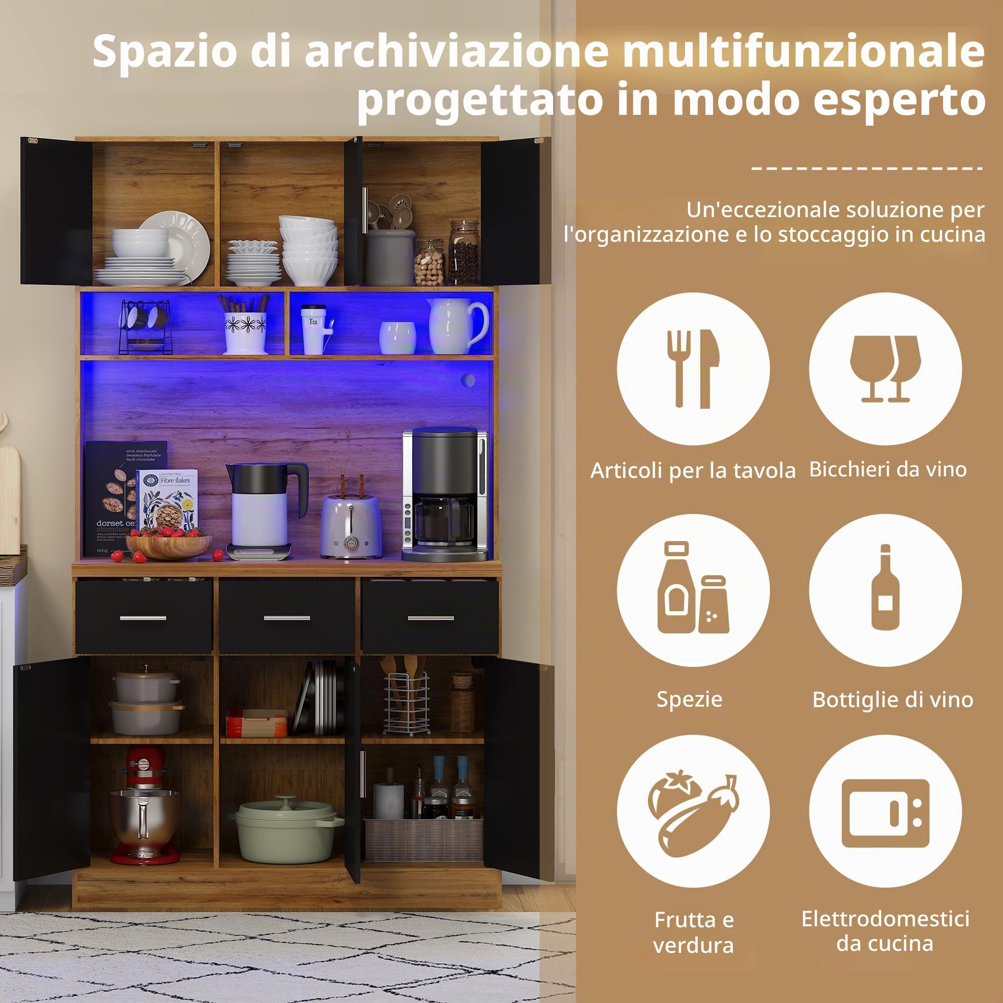 Armadio buffet, 100 x 40 x 180 cm, buffet con illuminazione a LED con telecomando, cassetti, ripiani regolabili, fori di gestione dei cavi e prese, per cucine e sala da pranzo (colore legno)
