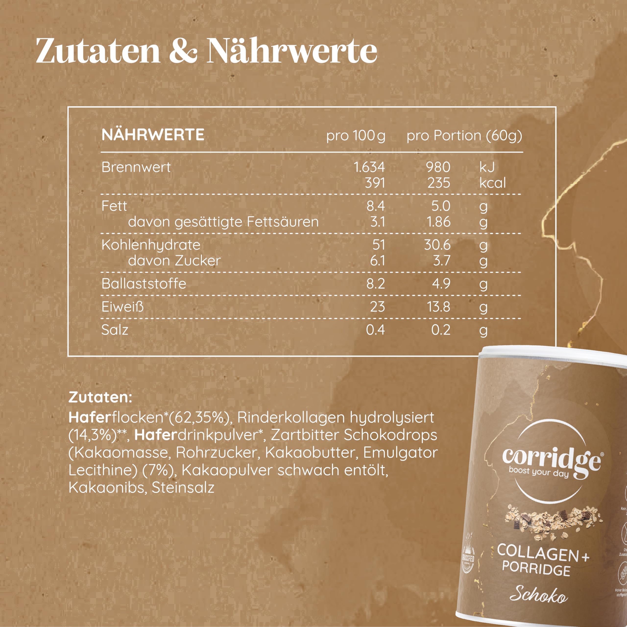 Corridge - 3x High Protein Porridge mit Kollagen & Schokogeschmack 420g - Proteinreiches Frühstück - Haferflocken Glutenfrei, Laktosefrei & ohne Zuckerzusatz - Collagen Typ 1 & 3 Haut, Haare, Nägel