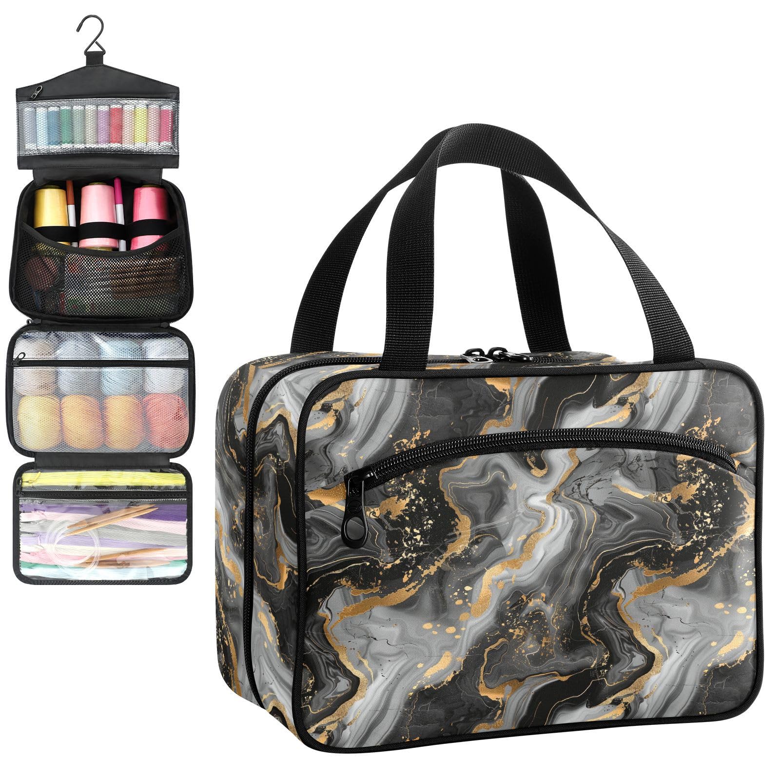 YNNALE Sewing Supply Organizer Bag, Retro Autumn Watercolor Orange Pumpkin Wheat and Farmhouse Bowls Portable Sewing Bags with Pockets&Hanger, Sewing Storage Box Case for Sew Supplies/Kit/Tools